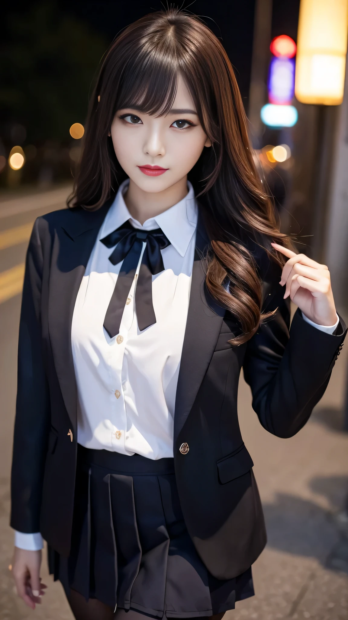 ltra-detailed、Japanese、attractive beauty、seductive adult woman、pretty woman、piercing eyes、cool girl、wavy hair、swept bangs、Female student、suit、Jacket、shirt、ribbon、blouse、Tight Skirt、pantyhose、beautiful feet、Evil cadres、evil depravity、brainwash、mind control、lipstick、smirk、dark makeup、hollow eyes,half-closed eyes、evil look、evil、empty eyes、evil、church at night、vampire、succubus、vampire、Swear allegiance、stand、