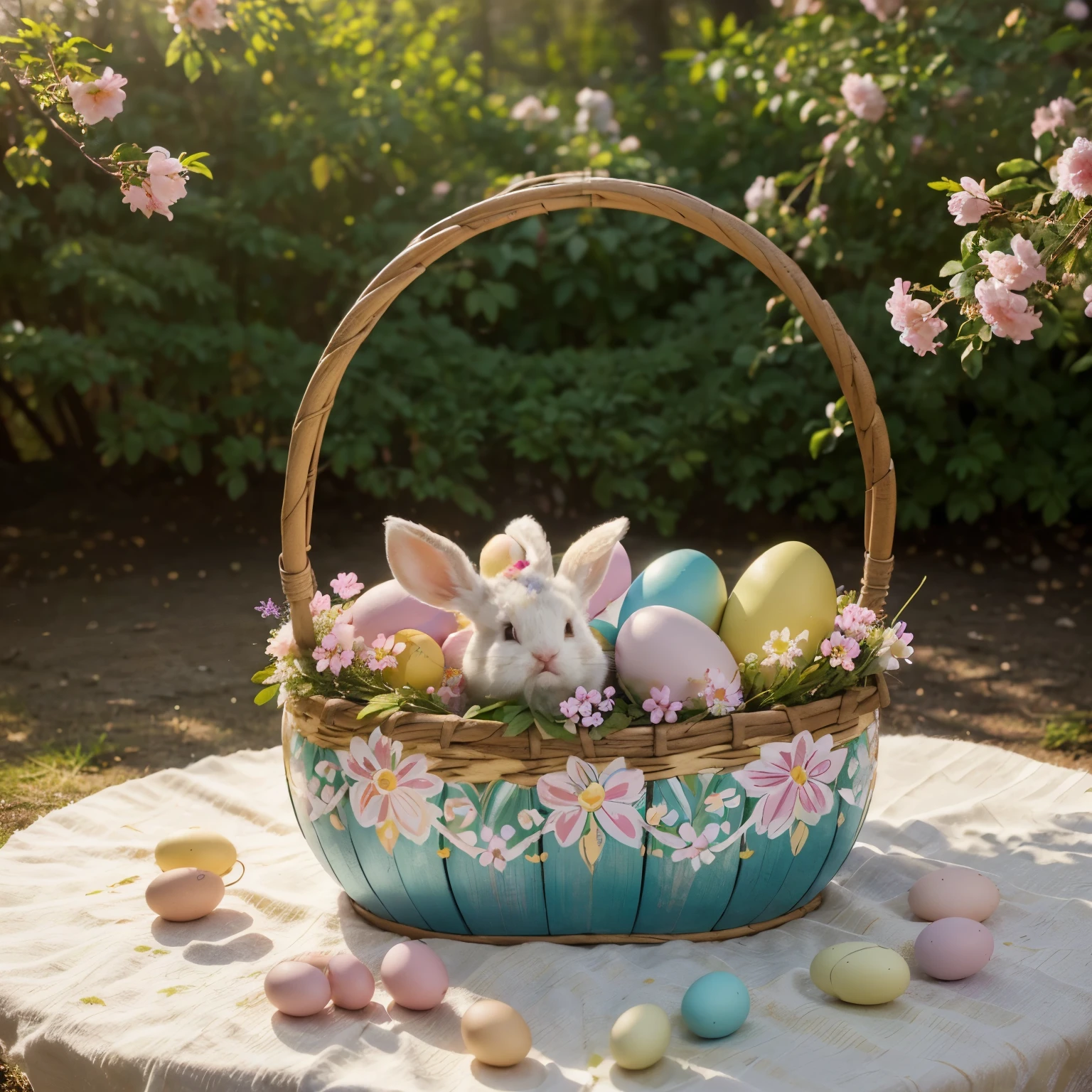 A Slavic Easter bunny,hand-painted wooden eggs,Norwegian rosemaling pattern,delicate bunny ears,beautifully decorated basket,natural spring garden,vibrant pastel colors,soft sunlight streaming through the trees,traditional folk costume,bunny hopping joyfully,cheerful children searching for hidden eggs. (best quality,4k,8k,highres,masterpiece:1.2),ultra-detailed,(realistic,photorealistic,photo-realistic:1.37),easter decorations,traditional handicrafts,floral motifs,joyful celebration,traditional Slavic folklore,lovely bunny fur texture,pastel-colored flowers,bright spring atmosphere,easter egg hunt,traditional folk music.