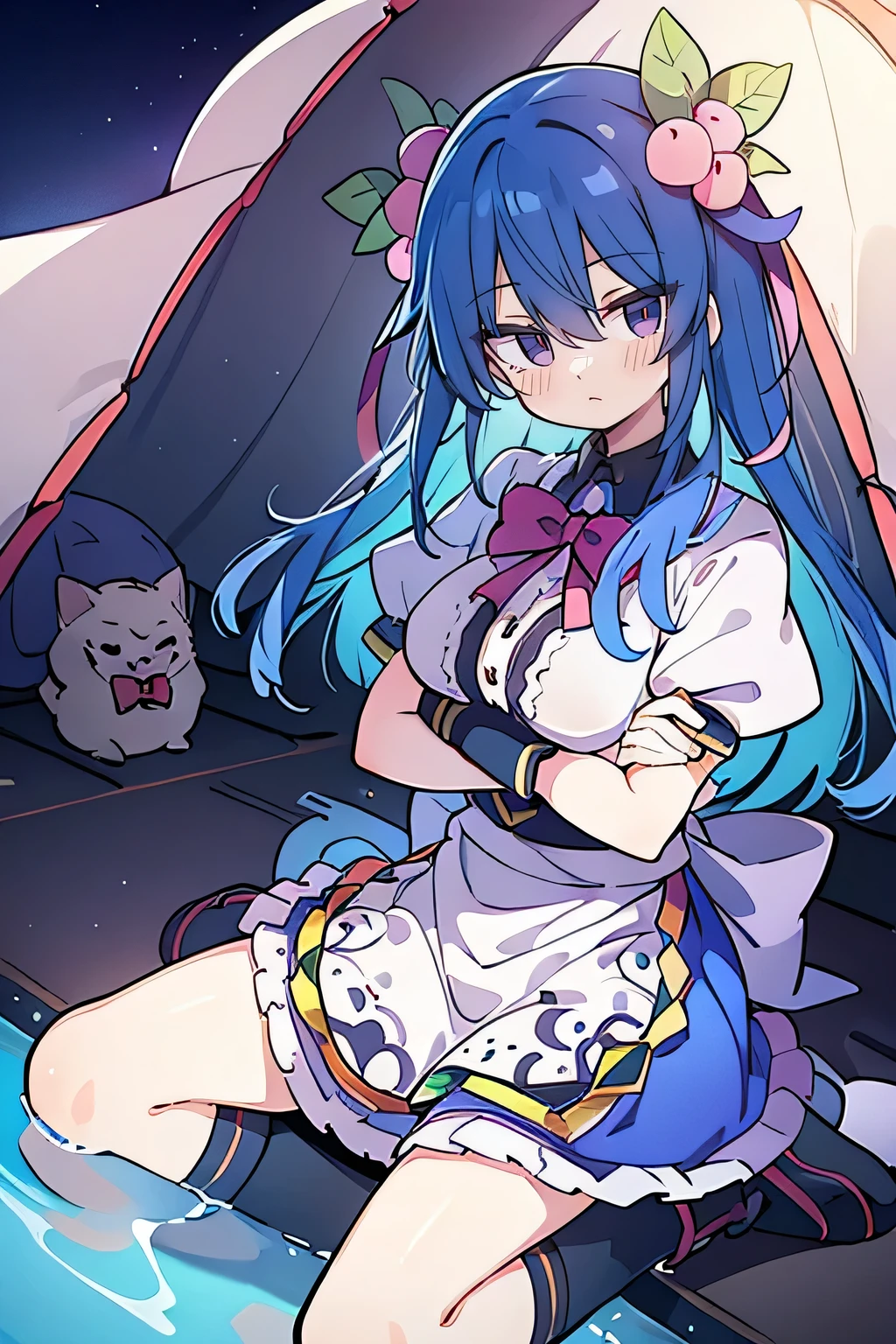 (masterpiece),best quality, expressive eyes, perfect face,sit, sit on ground, Legs on the ground, 1girl,
Big breasts, H cup, Good breasts, crossed arms, fair, Gorgeous,Japanese cartoons,girl,lola,Hina Angel, blue hair, blue haired,tent , tent chest, tent breast, floating clothes