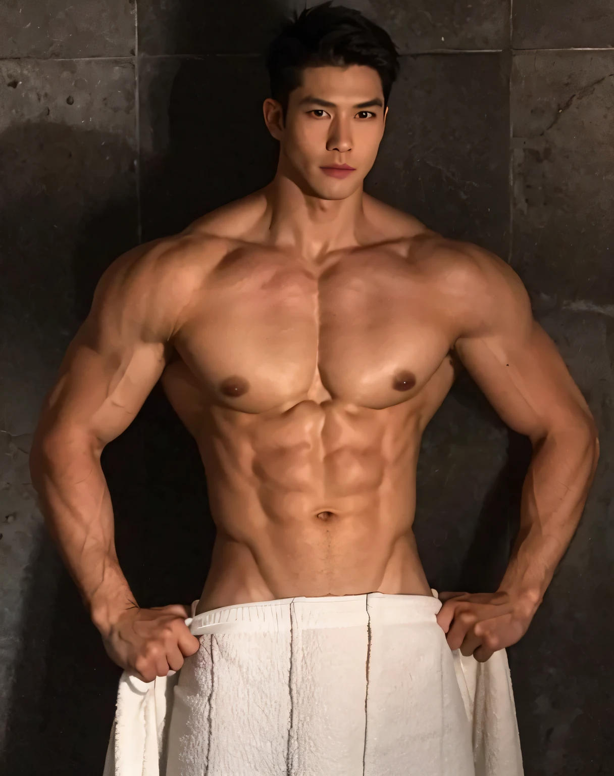 Asian model man, hyper muscular