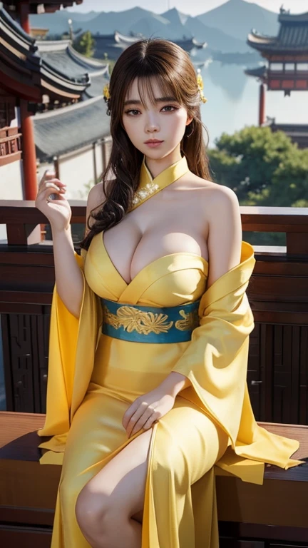 araffe woman in a sexy yellow kimono sitting on a ledge, palace ， a girl in hanfu, realistic anime 3 d style, artwork in the style of guweiz, beautiful character painting, 3 d anime realistic, trending on cgstation, anime styled 3d, wearing ancient sexy chinese clothes, chinese girl, artgerm and atey ghailan, big breasts, perfect body ,2 clear hands