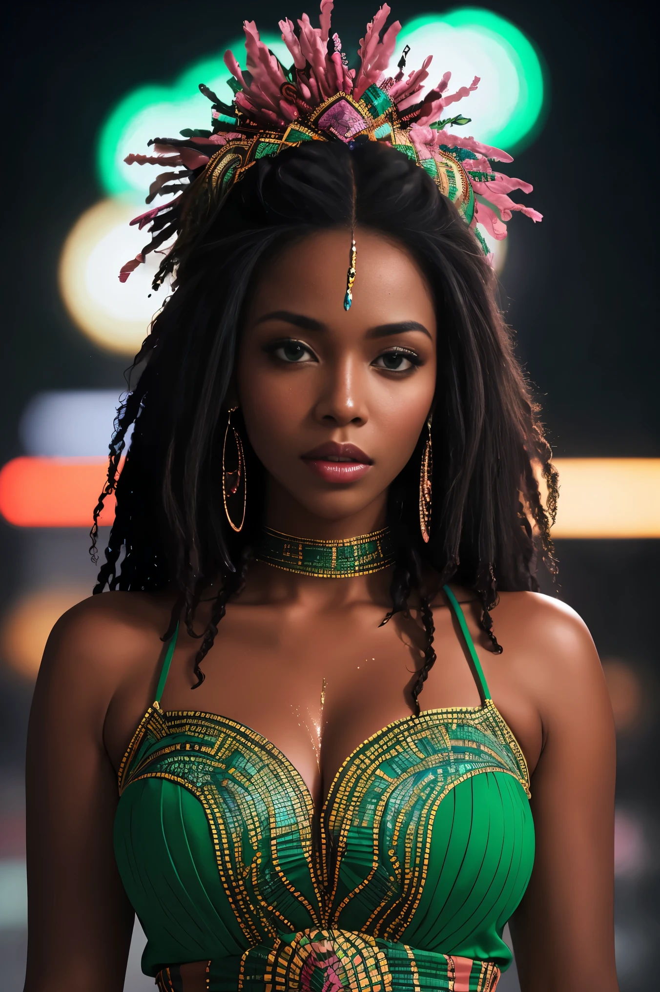 A captivating shot of a black woman, adorned with African-inspired marks glistening in the neon lights, cascades water from her body. She wears vibrant African-designed clothes, adorned with intricate beadwork, and her hair is styled in the traditional Eembuvi fashion. The background bursts with energy, illuminated by neon lights that reflect off exploding crystals of radiant green and pink hues. This highly-realistic image showcases the woman's very detailed facial features, with lifelike textures that bring out the depth and dimension of her features. The cinematic scene is further emphasized through an