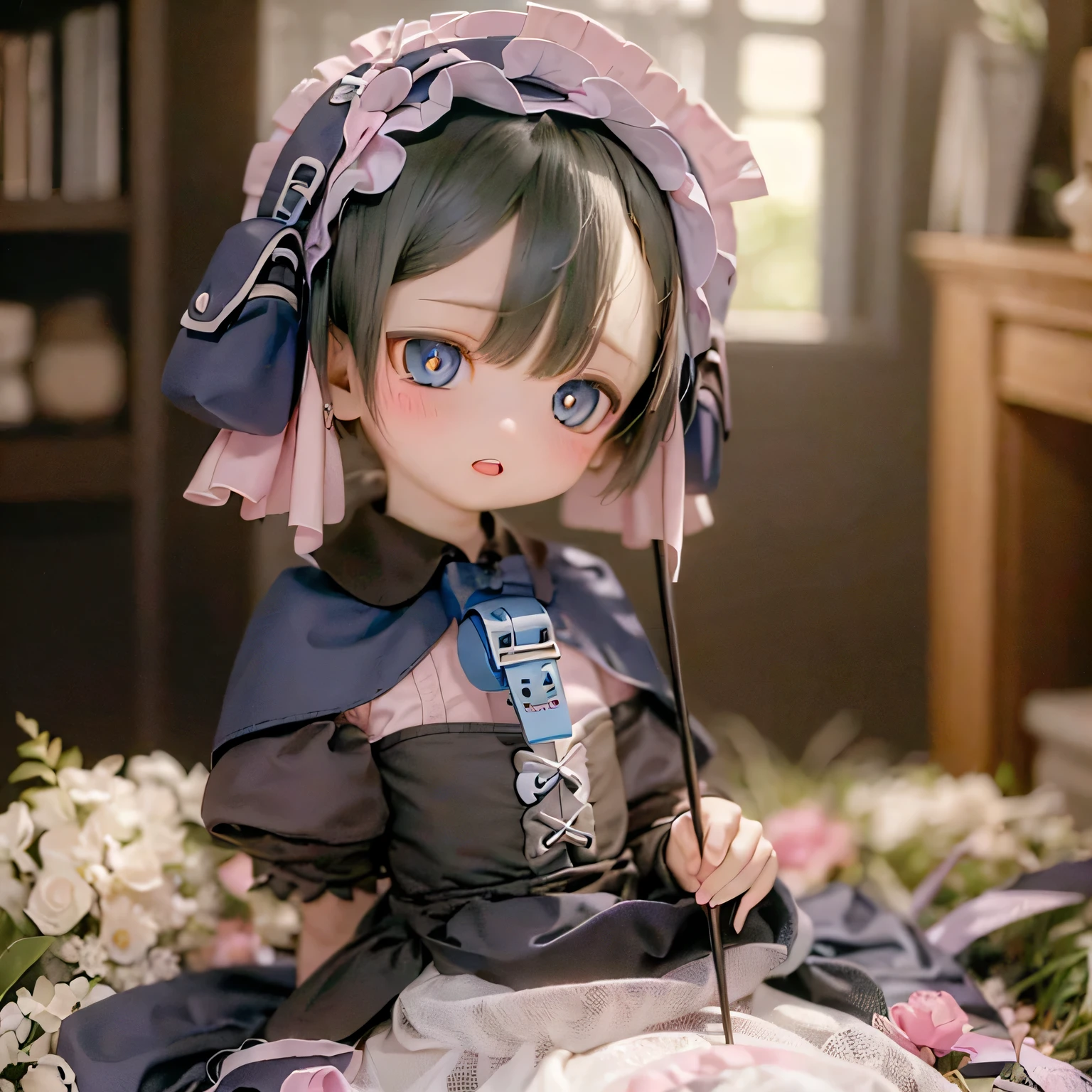 (Highest quality, High resolution, masterpiece:1.2),Very detailed,Realistic:1.37,Marulk from Made in Abyss,(Highest quality, High resolution, 4K, Very detailed, masterpiece:1.2), Realistic, High resolution, Vibrant colors, Sharp focus, Studio Lighting, Very detailed explanation, Professional, Portraiture, anime, Blue tones, Natural light, 10 year old girl, Blue curly hair, Flat Chest, Gothic ta clothes, Innocent look, Delicate features, Long eyelashes, Expressive eyes, Rosy Cheeks, Soft lighting, Dreamy atmosphere, Whimsical backgrounds(((((((bow)))))))Walk around the mansion with a broom(((((whole body)))))casual、Show off your legs