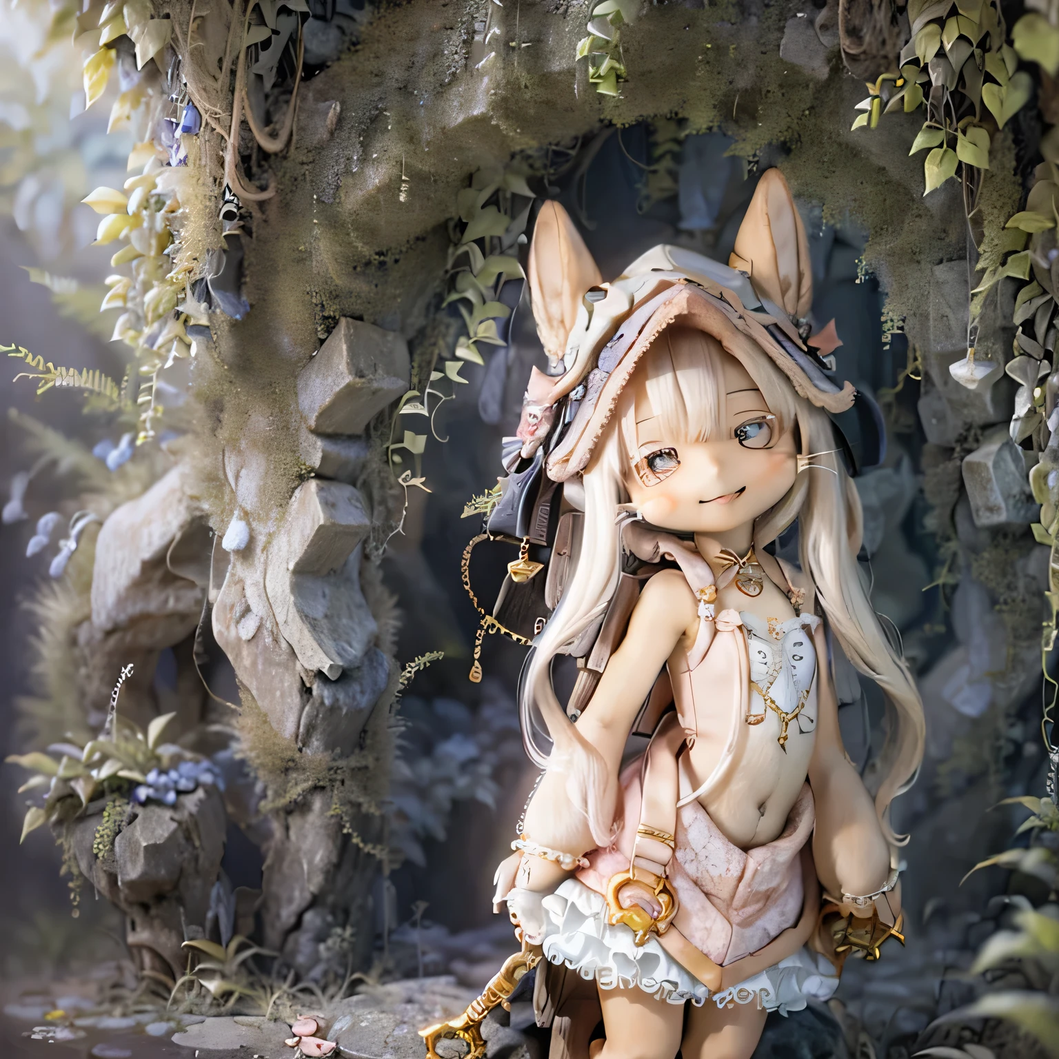 In a garden, a girl with a smile on her face, resembling Nanachi from Made in Abyss. She has beautiful, detailed eyes and lips. The girl is depicted in a (((chibi style,))) . The image quality is of the best quality, with ultra-detailed and realistic features. The artwork medium is a combination of illustrations and photorealistic rendering. The colors are vivid and the lighting creates a warm and cheerful atmosphere casual full body(((((cute pink dress)))))contrapposto