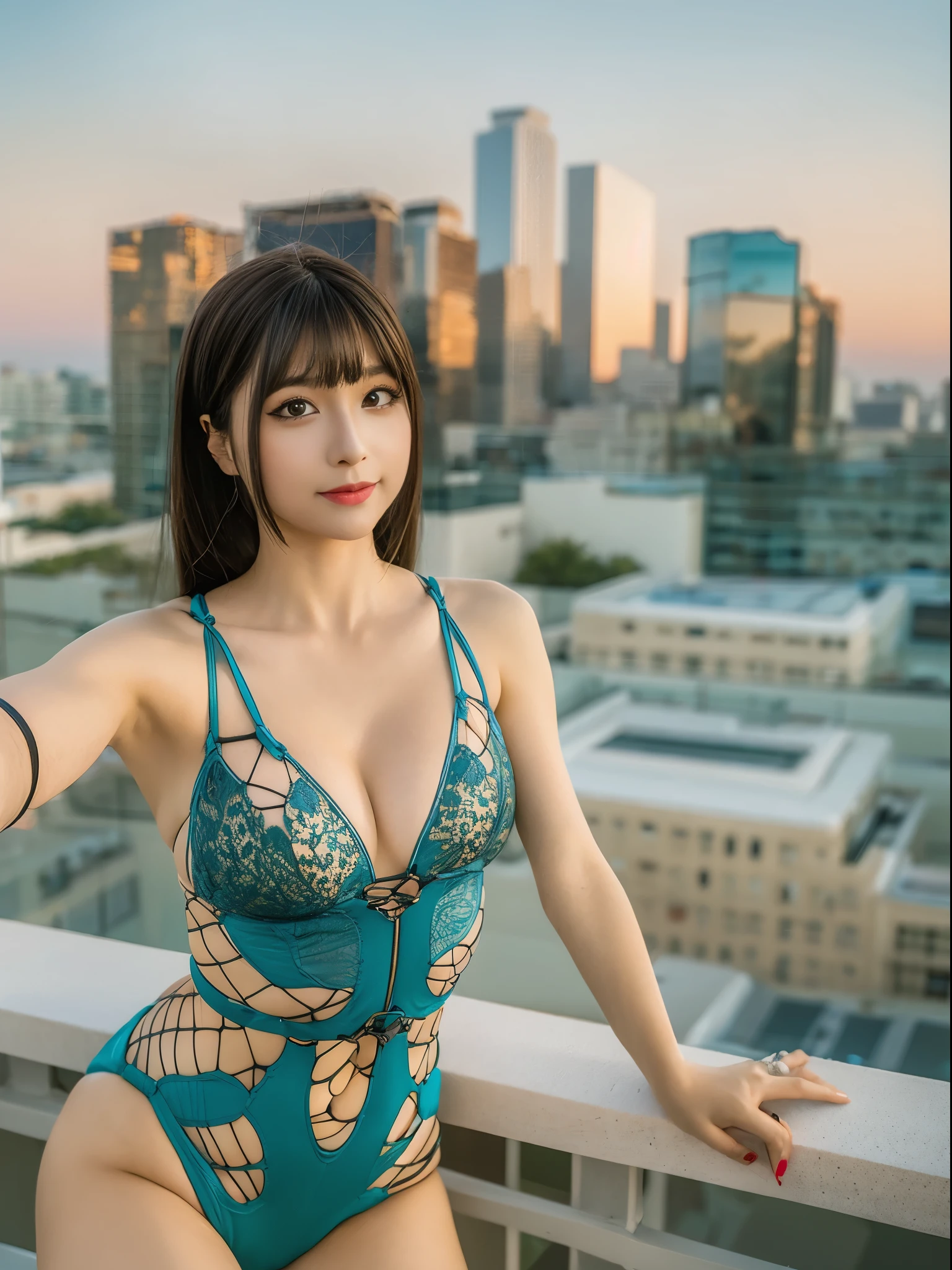 Top quality, 1 beautiful woman, wearing blue lingerie,
35mm lens, f/1,As the sun sets, painting the sky with hues of orange and pink, a woman (captures a selfie:1.5) on a rooftop overlooking the city skyline.,(leaning forward:1.3), (hands on knees:1.3),captures a serene (selfie:1.8)
