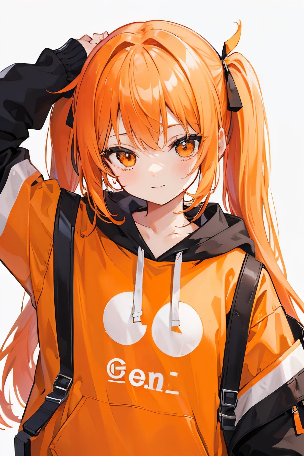 Young beautiful girl , orange pigtails , Orange , hood T-shirt , Cute face , pretty face , 상반god , neat attire, white background , smiling face , looking at the camera , prankster ,exuberant hair , Neat hair ,god , 최고god , no fingers visible , Putting your hands up , neat clothes , 깔끔한 Orange 옷 , GOD