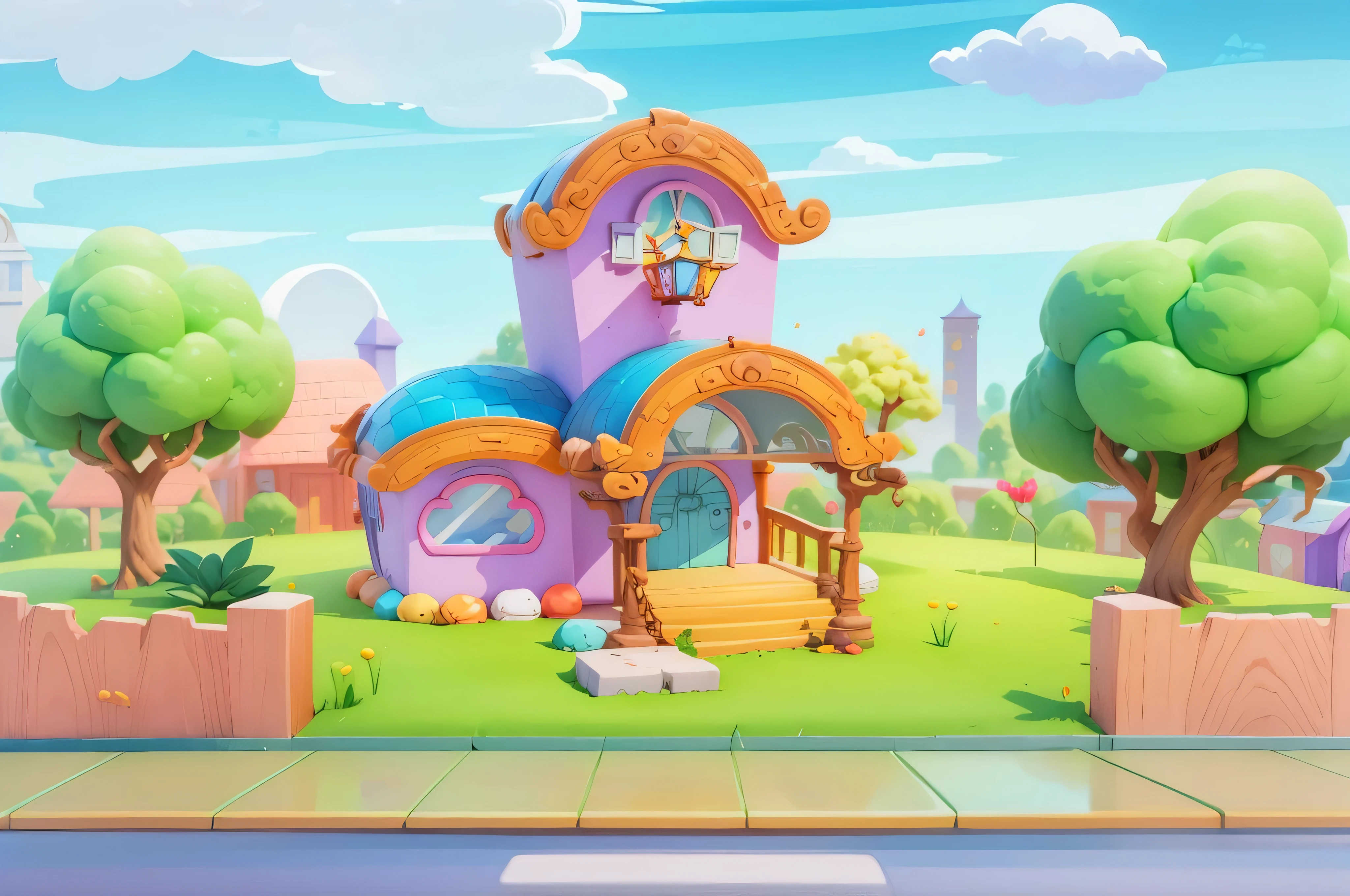 cartoon illustration of a house in the middle of a road, in a candy land style house, mobile game background, house background, background art, rounded house and cute character, 2 d game art background, mobile game art, cute bakery shop, 2d game background, town background, stylized digital illustration, fantasy house, magic lab background, mobile game asset, my home