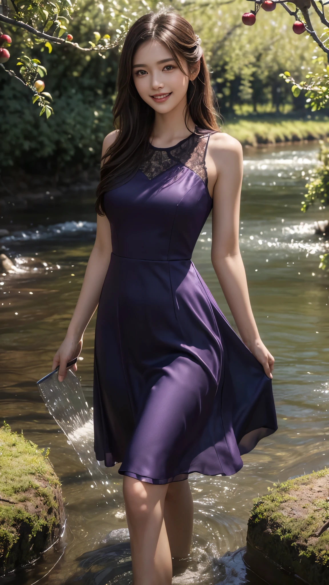 8k, masterpiece, RAW photo, best quality, photorealistic, extremely detailed CG unity 8k wallpaper, Depth of field, Cinematic Light, Lens Flare, Ray tracing, (extremely beautiful face, beautiful lips, beautiful eyes), intricate detail face, ((ultra detailed skin)) 1girl, in the dark, deep shadow, pretty Asian girl, idol, 1 girl, (very slim slender fit-muscled body:1.3), ((looking at viewer)),((big smile:1.3)), (best quality,ultra-detailed,realistic:1.37),portraits,beautiful young girl,youthful female model,riverbank and ((rocks)),Sweet girl clothes4, ((Silky satin Violet Purple Bridesmaid Dresses)), ((flowers on bridesmaid dress)), jewelry, standing under a waterfall,standing posture, standing beside rock,drenched all over,masterpiece,extremely detailed description,super fine painting,detailed face,slim figure,long legs,playing in the water,smiling,bright smile, ((Apple trees in river)), ((Full apple's in apple trees))