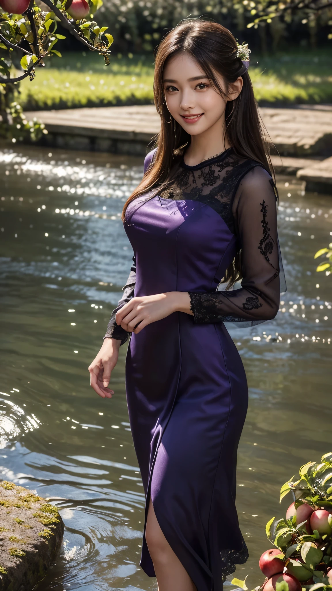 8k, masterpiece, RAW photo, best quality, photorealistic, extremely detailed CG unity 8k wallpaper, Depth of field, Cinematic Light, Lens Flare, Ray tracing, (extremely beautiful face, beautiful lips, beautiful eyes), intricate detail face, ((ultra detailed skin)) 1girl, in the dark, deep shadow, pretty Asian girl, idol, 1 girl, (very slim slender fit-muscled body:1.3), ((looking at viewer)),((big smile:1.3)), (best quality,ultra-detailed,realistic:1.37),portraits,beautiful young girl,youthful female model,riverbank and ((rocks)),Sweet girl clothes4, ((Silky Violet Purple Bridesmaid lace type Dress)), ((flowers on bridesmaid lace dress)), jewelry, walking in a waterfall,standing posture, standing beside rock,drenched all over,masterpiece,extremely detailed description,super fine painting,detailed face,slim figure, sexy angles, ((Stylish angles)), medium legs,playing in the water,smiling,bright smile, ((Apple trees in river)), ((many apple trees in river))((Full apple's in apple trees)), ((more and more apples in trees)),