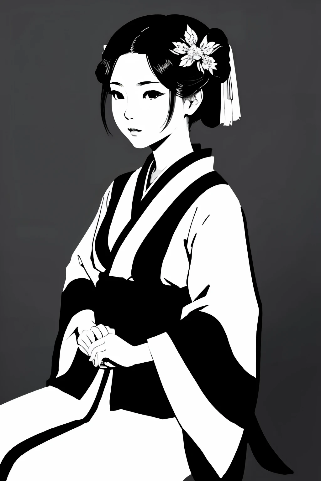 Art vintage japonais, Conception de t-shirts, art vectoriel, plat d'art, :1,4. japonaise en kimono,cheveux courts ,noir et blanc,