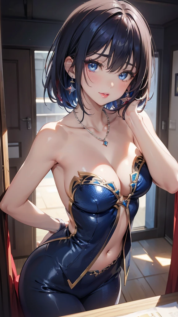 , ((POV hand:1.3)), masterpiece, highest quality, (maximum resolution: 1.2), (Ultra HDTV: 1.2), cinematic light, Ultra HDTV, (detailed eyes and skin), (detailed facial features), Highly detailed face and skin texture, nffsw, 8K resolution, sharp focus: 1.2, perfect body, Anatomically correct, beautiful face, double eyelids, thin eyebrows, fine eyes, dark blue eyes, glitter eyeliner: 1.2, cheeks are red, Glossy skin, Fair skin: 1.2, shinny necklace and earrings, (glossy lips: 1.4), photo of cute Japanese woman, 25 years old lady, , beautiful hip, delicate, thin thighs, smile face,  costume, from back