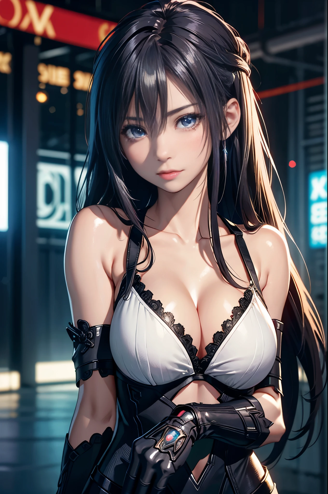 highest quality、8K masterpiece、超A high resolution、(Photoreal:1.3)、Raw photo、1 girl、silvery hair、glowing skin、1 Cyberpunk Super Beautiful Soldier、((Ultra realistic details))、Portrait、global illumination、Shadow、octane rendering、8K、super sharp、beautiful breasts、Raw skin exposed in cleavage、Metal、cold color、、very intricate details、realistic light、CG Society Trends、beautiful eyes、shining eyes、towards the camera、neon details、