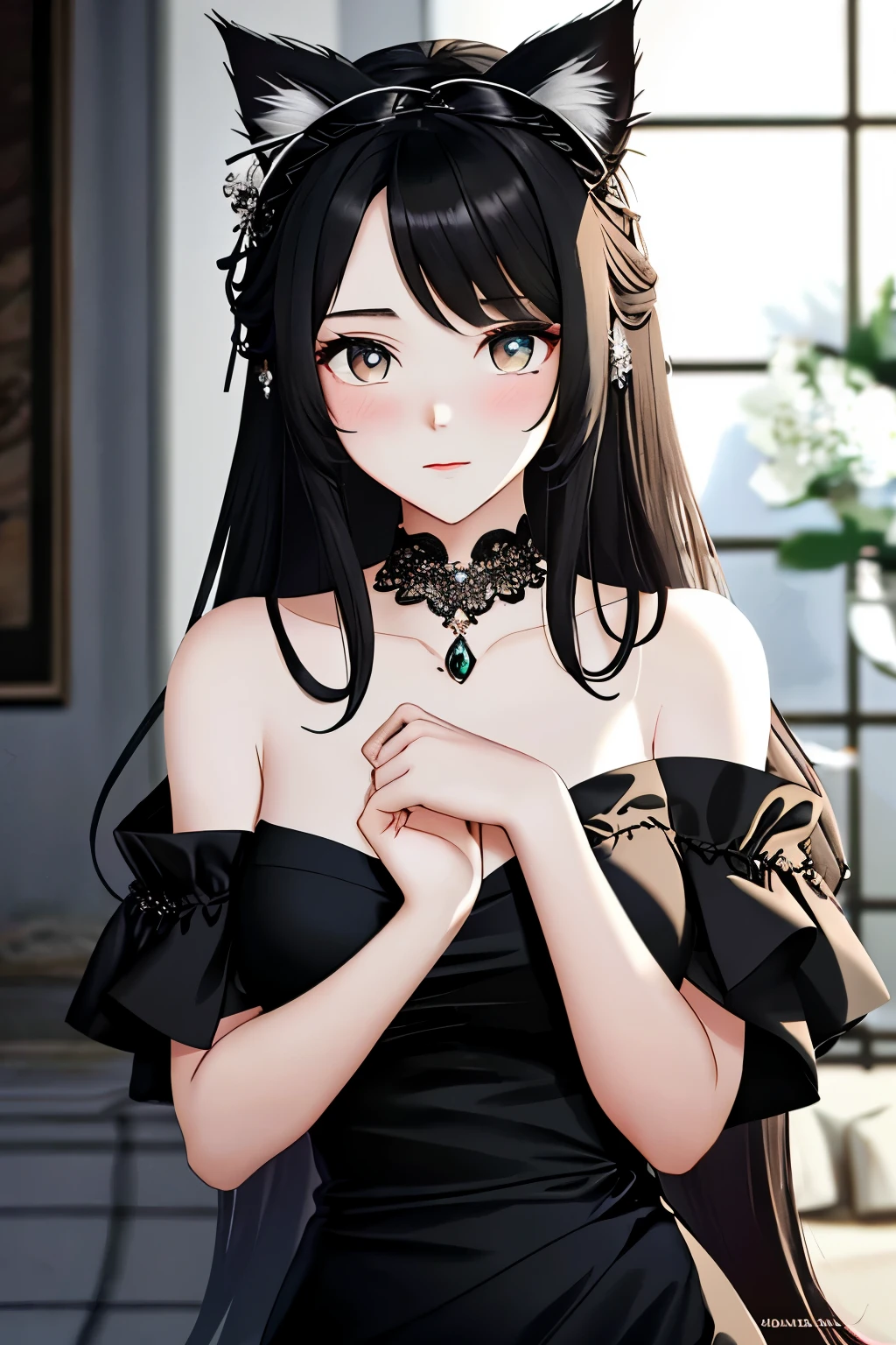 In this 3D-style image, we see a mesmerizing girl with long, flowing black hair cascading over her shoulders. Adorning the top of her head are adorable cat ear-shaped hair accessories, matching her playful and charming personality. Her exquisite facial features are meticulously crafted, capturing every delicate detail with precision. With a pitiful look in her eyes, she tugs at the heartstrings of anyone who gazes upon her. 

Her slender and graceful body boasts a slim upper body and ample, generously sized breasts, which are accentuated by the tight-fitting black dress she wears. The dress, hugging her figure, exposes her bare chest, showcasing her flawless, snow-white skin that appears soft and tender to the touch. The black