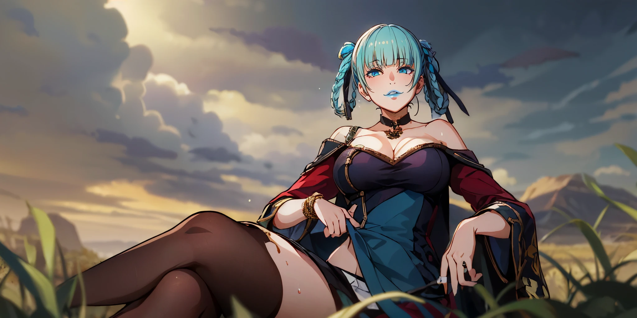 kirari momobami, bangs, blue eyes, hair ribbon, braid, blunt bangs, aqua eyes, makeup, lipstick, hair rings, blue lips, curvy, anatomically correct, best quality, masterpiece, high quality, high details, highres, HD, 1girl, sky, navel, solo, large_breasts, bare_shoulders, cloud, looking_at_viewer, sitting, blush, choker, outdoors, "Photorealistic, Hyperrealistic, Hyperdetailed, analog style, soft lighting, subsurface scattering, realistic, heavy shadow, masterpiece, best quality, ultra realistic, 8k, golden ratio, Intricate, High Detail, film photography, soft focus", (shaded face:1.2), hollow eyes, blue eyes, looking at viewer, heavy breathing, smirk, upper teeth, sweating, blue lips,