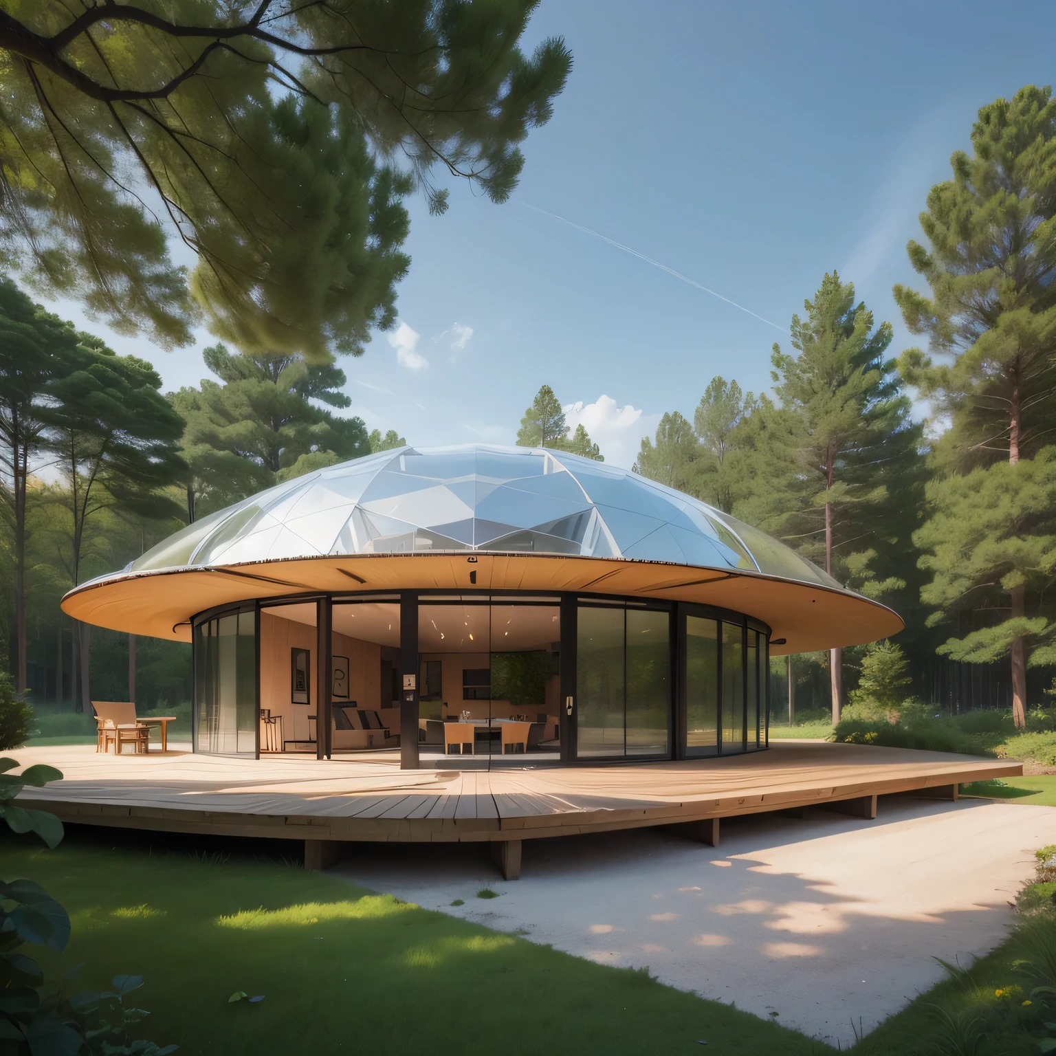 There is a small pavilion with a wooden deck in the middle of the yard, concept house, dome space, Geodesic architecture, Stylish utopian design, Highly detailed rendering, Geodesic domes, Geodesic domess, High quality rendering, Detailed rendering, Geodesic architecture, futuristic dome, futuristic house, Highly photographic rendering, Fully detailed rendering, Realistic rendering