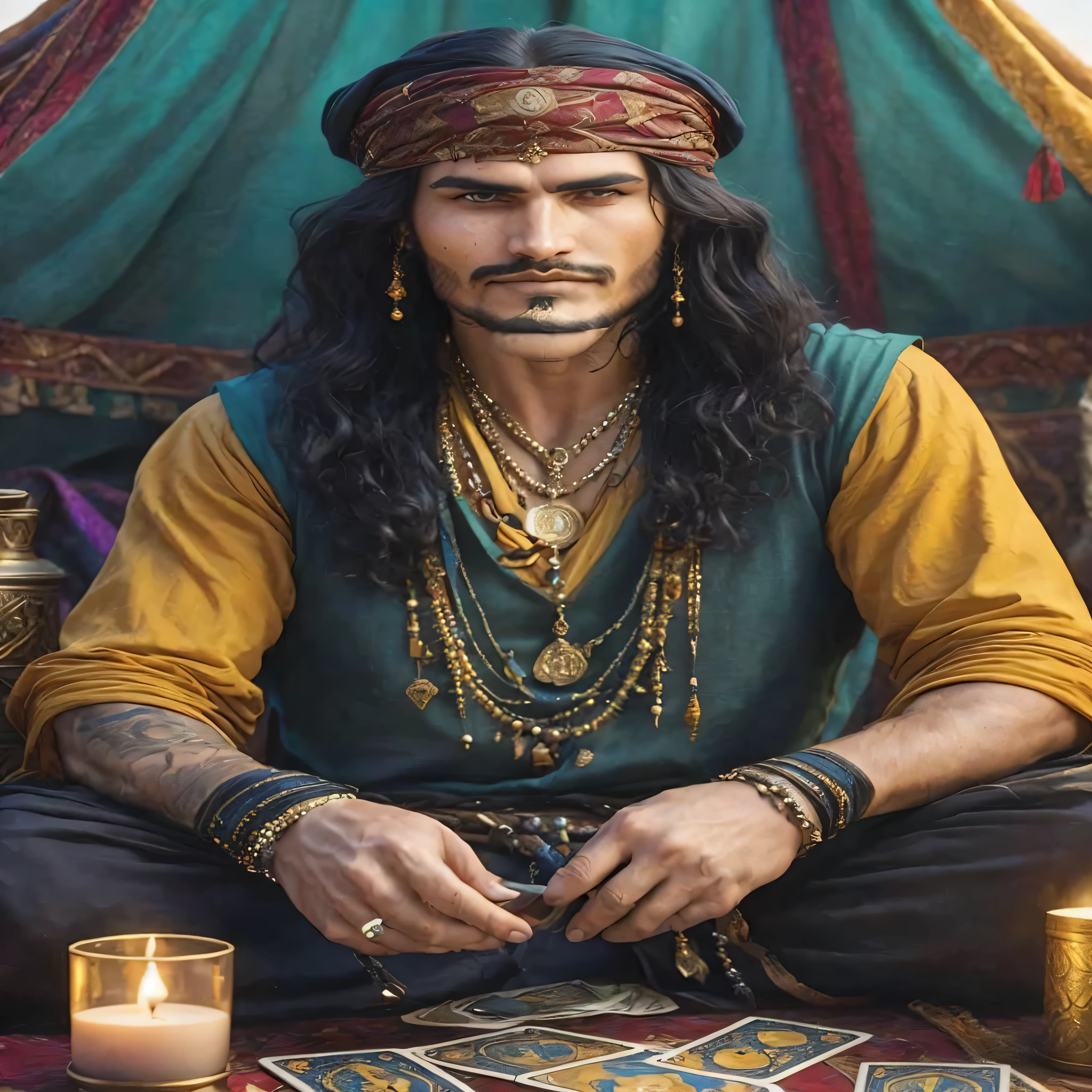 sharpened man sitting at a table with a tarot deck, inspirado em Osman Hamdi Bey, handsome prince of Persia, Bedouin portrait d&d, como um personagem de fantasia medieval, arabian nights inspired, Jason Momoa as Assyrian, inspirado em Altoon Sultan, inspirado em Rudolf Ernst, arab samurai, queixo quadrado em roupas medievais