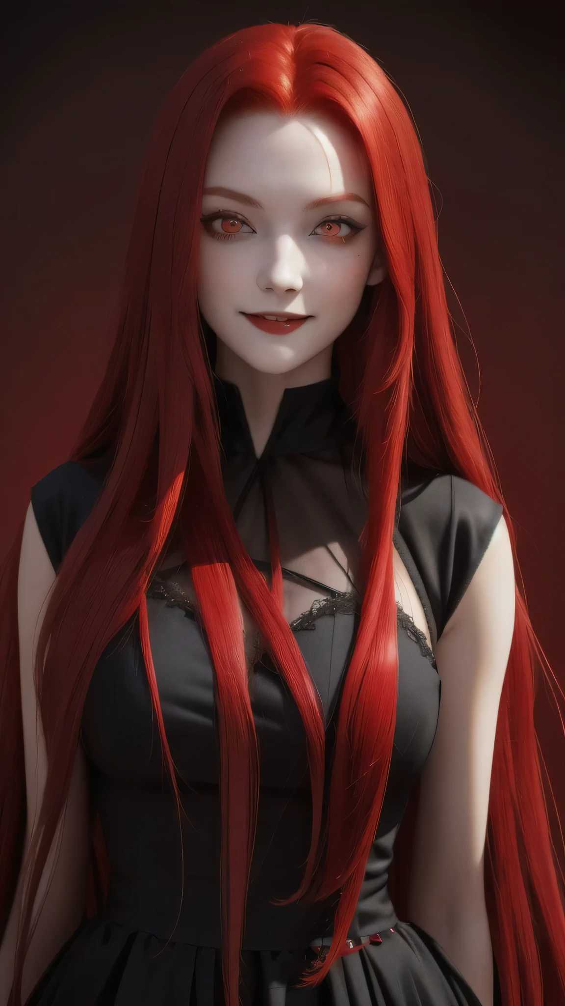 masterpiece, highest quality, High resolution, 1 girl, alone, Modern vampires, redhead, long hair, open hair, red eyes, evil smile, both vampires with redhead, red and black costume, Scary background