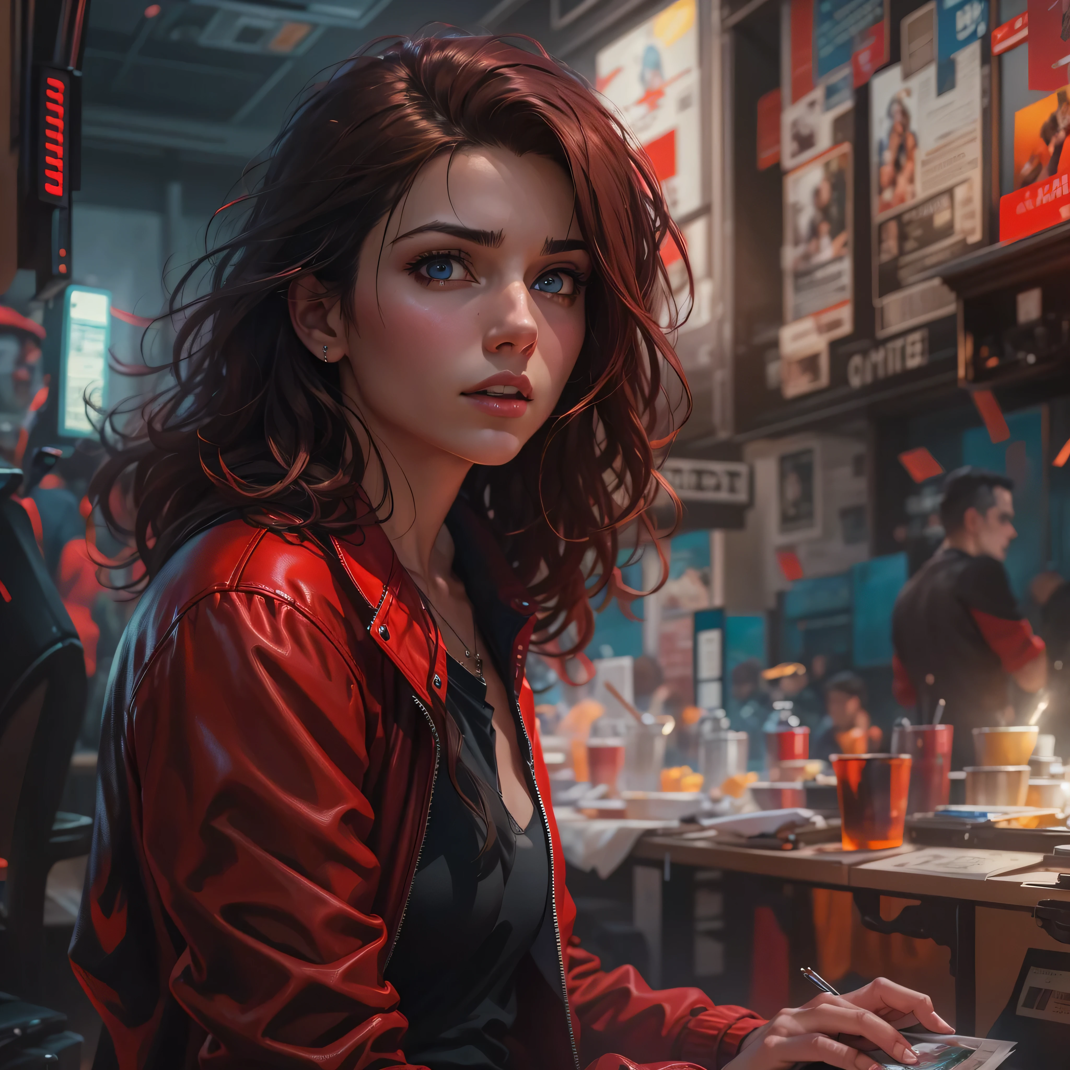 photo of (gmazzeo), (((a woman wearing a red jacket))), (extremely detailed CG unit of 8k wallpaper), photo of the most beautiful artwork in the world, majestic professional oil painting by Ed Blinkey, Atey Ghailan, Studio Ghibli, by Jeremy Mann, Greg Manchess, Antonio Moro, trend at ArtStation, trend at CGSociety, Intricate, High Detail, Sharp, dramatic focus, photorealistic painting art by midjourney and greg rutkowski, (black leather band), ((film premiere gala)), (((black shirt))), (detailed eyes:1.2), (wearing blue jeans), photo-realistic, octane render, unreal engine, ultra-realistic
