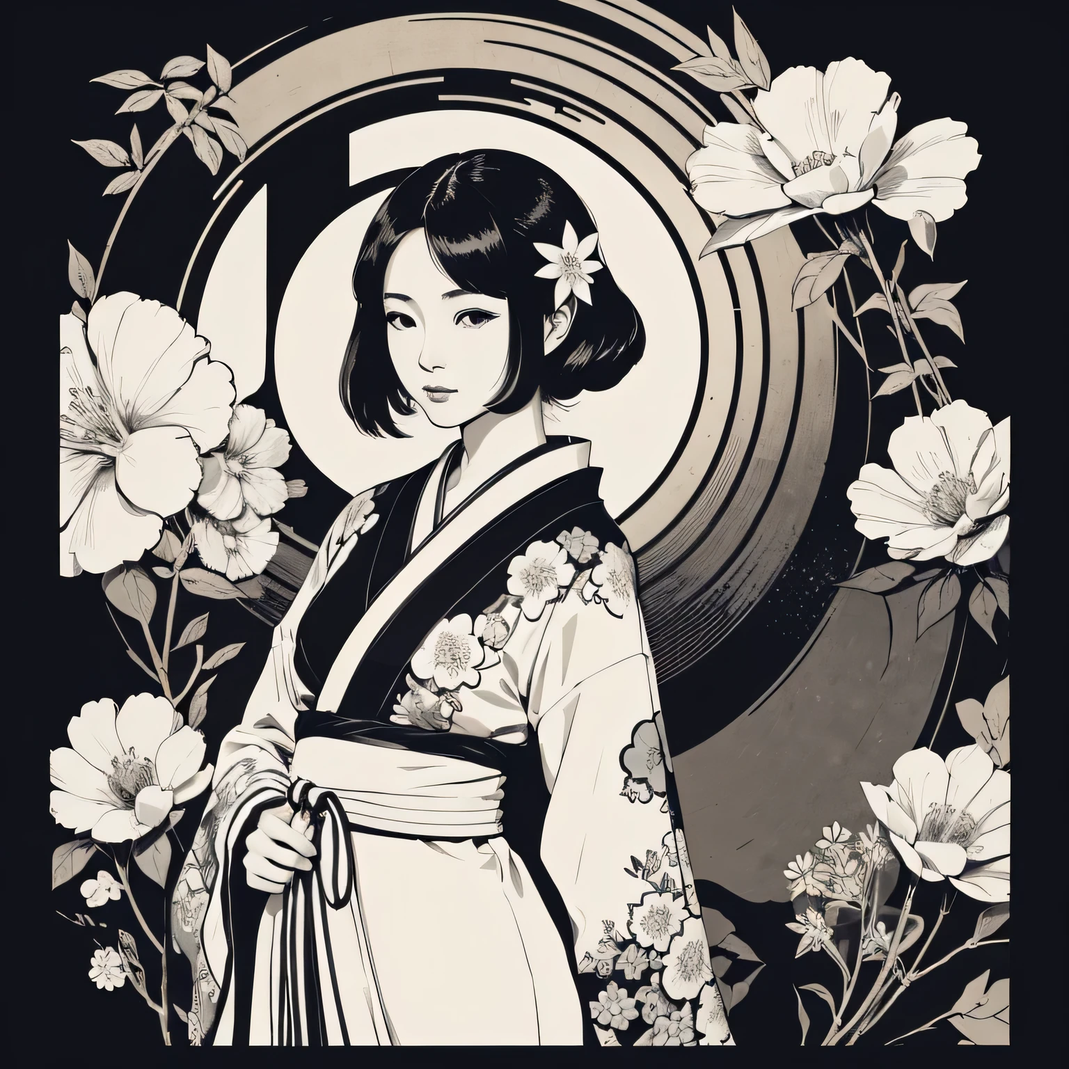 Art vintage japonais, Conception de t-shirts, art vectoriel, flat art, :1,4. femme japonaise en kimono,cheveux courts ,noir et blanc,