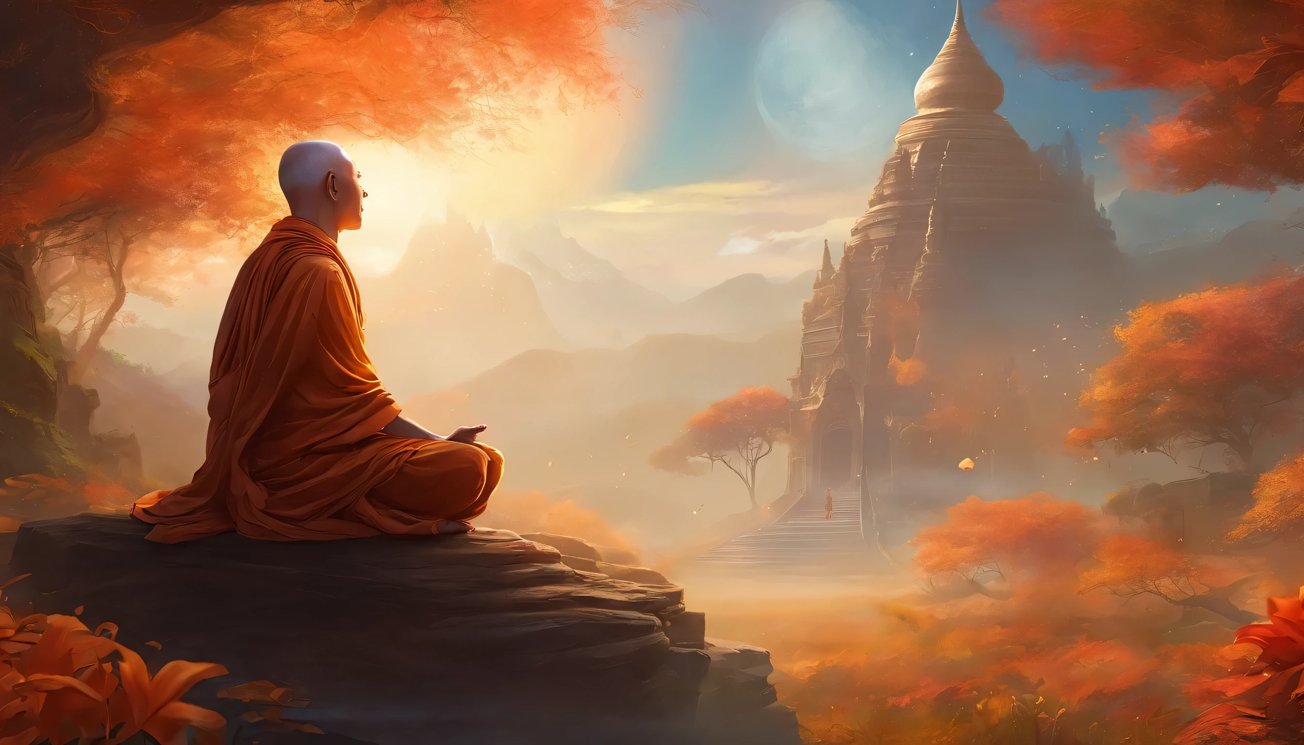 acing the audience, full body meditation posture, hands on thighs, An old monk sits,Extremely old monk,(Pray in a lotus pose),Buddhist monk meditation, (front view),meditates with eyes closed, peaceful look, front angle,Big light,hinduism,Beautiful image,epic cinematic shot,Ultra photo realsisim,8K