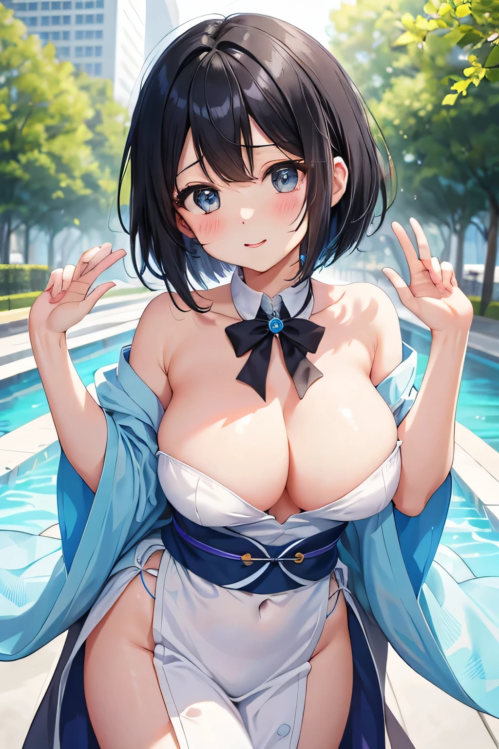 highest quality、High resolution、detailed background、(Topless cute age boy)、(huge breasts:1.2)、(A delicate body like a girl's:1.5)、(cute girl-like face:1.5)、three men、black hair、bob cut、ponytail、cute panties、plump nipples、look at me shyly、cute、show one's side、raise your hand、hands behind、excited、Topless
