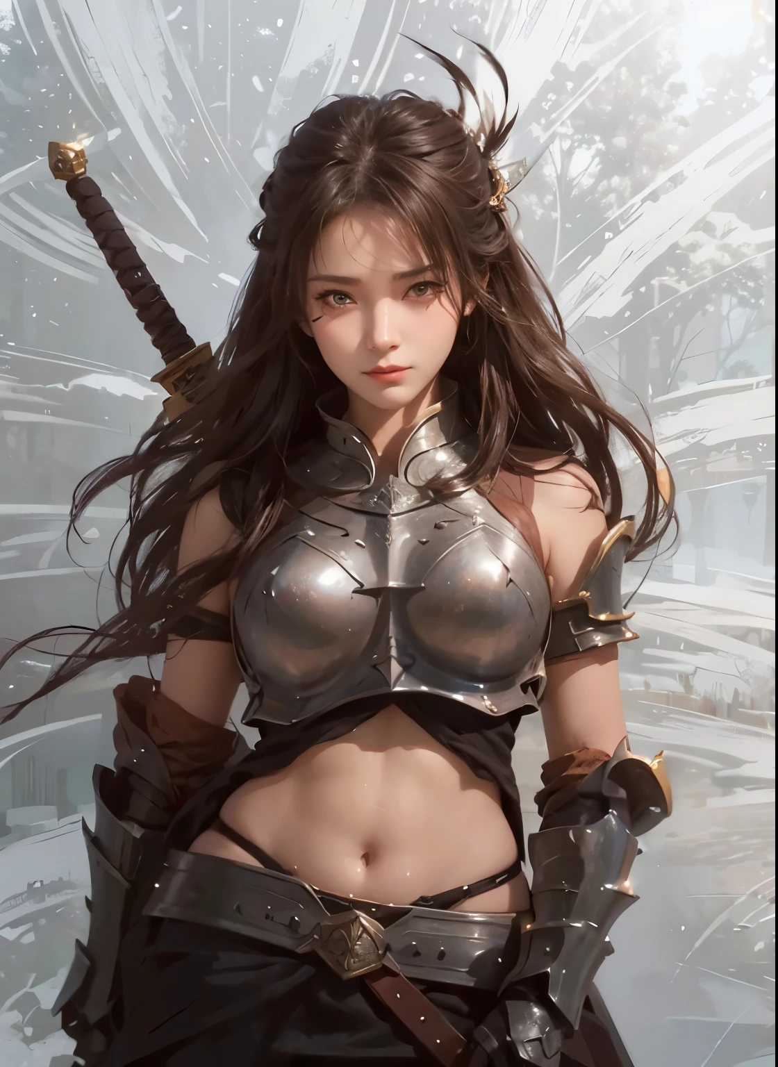 a close up of a woman with a sword and armor, Armor girl, 2. 5d cgi anime fantasy artwork, female warrior, navel-baring outfit,Epic fantasy digital art style, detailed Digital 2D Fantasy Art, Digital 2D Fantasy Art, Gorgeous female paladin, female knight,bare belly, RPG character art, beautiful female knight, fantasy character art, Epic and beautiful character art, beautiful female warrior