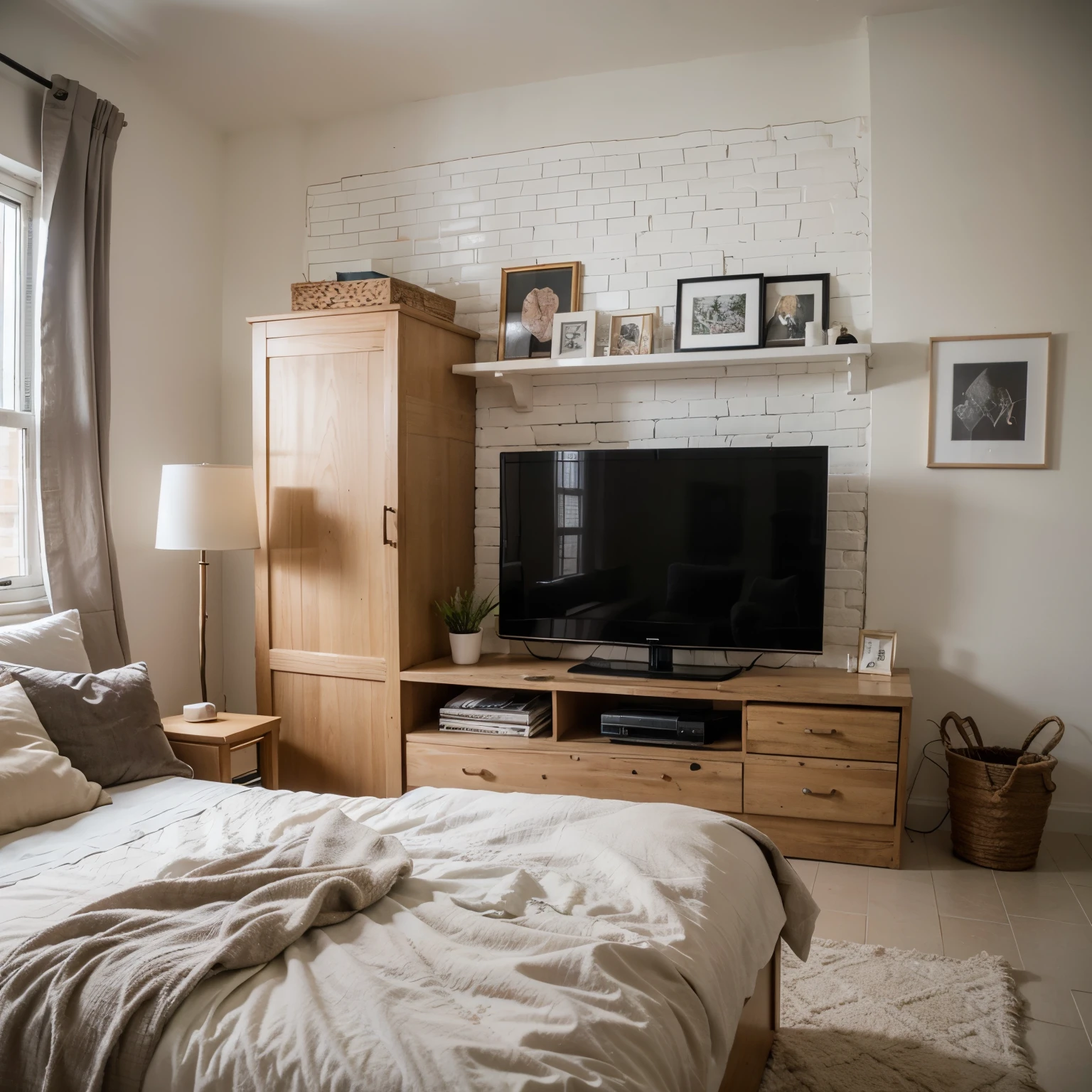 Create a photo for me based on the description: a small bedroom in a modern style, a wall made of 19th-century bricks in a light powder color, a dusty sofa, a wardrobe, a chest of drawers, a TV, furniture, decorations, ornaments. Realistic photo, photorealism, minimalism