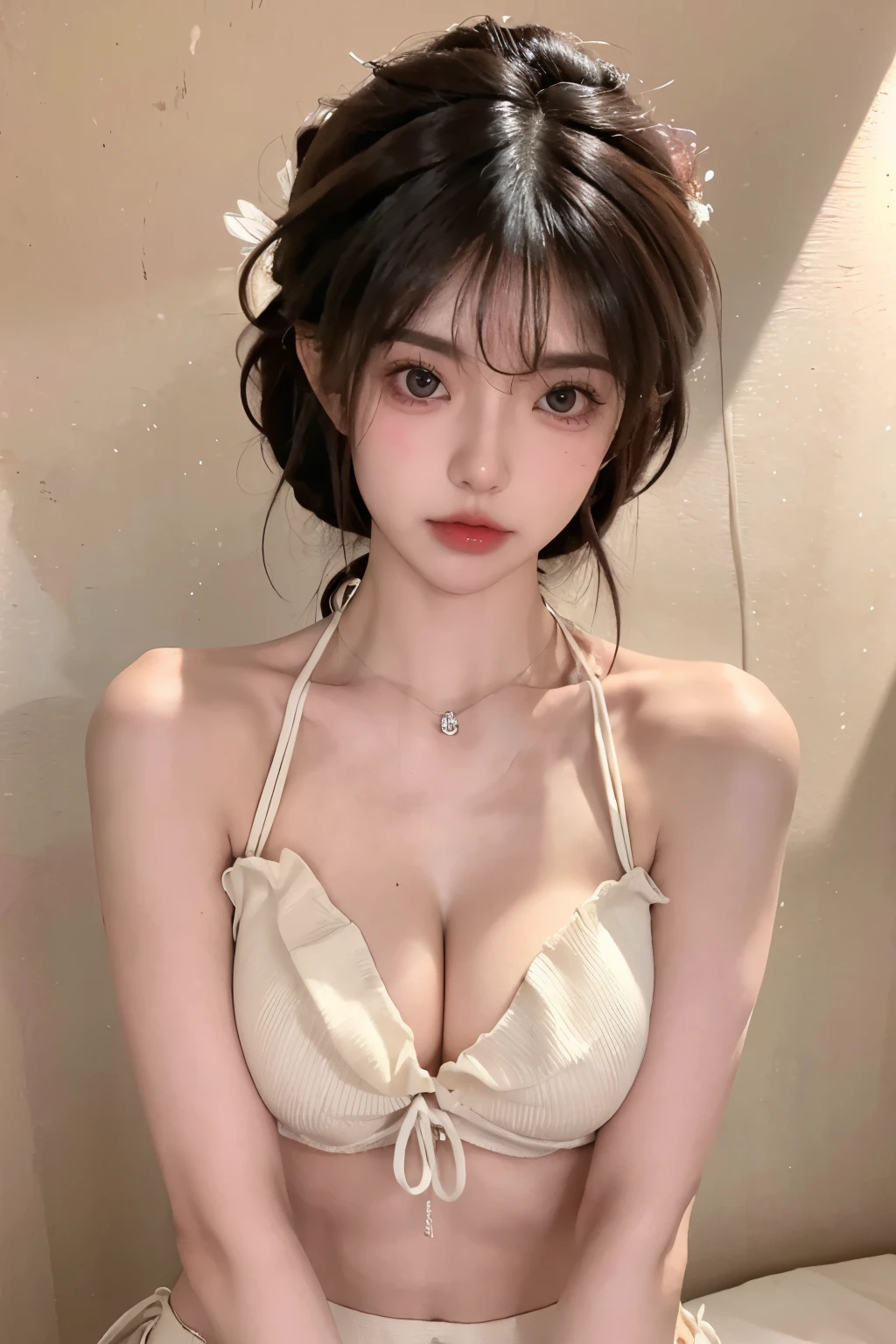 Beautiful woman with perfect body：1.4，layered hairstyle，prominent cleavage，bikini：1.5，ultra short pleated skirt，whole body，Highly detailed facial and skin textures，double eyelids，whiten skin，long white hair