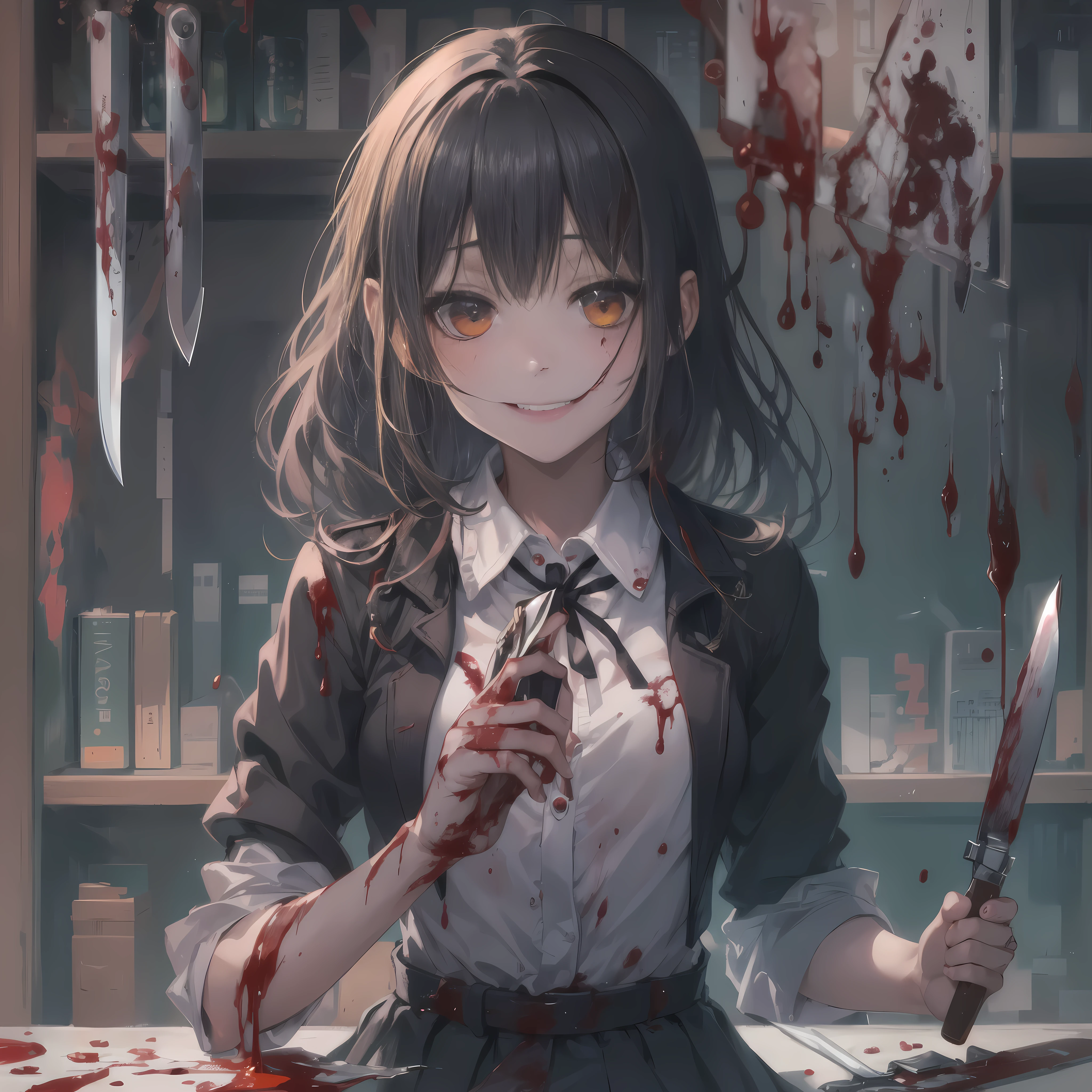 Unpleasant smile of a girl who loves knives in a school classroom、Niccoli holding a knife in one hand、Psychopath horror、Bloody、Blood droplets, big boobs, huge breast, horny, big thighs