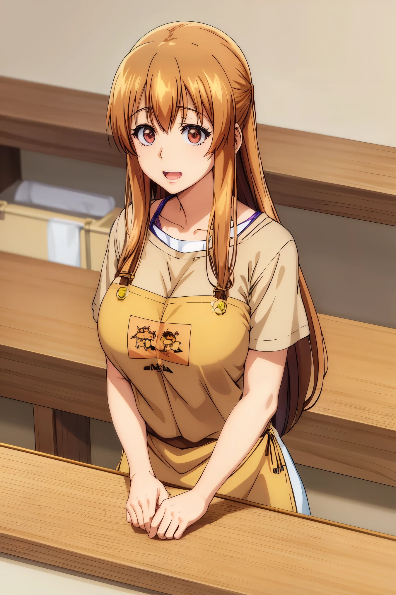 Huge , Busty, best quality, (masterpiece:1.2), highly detailed, brown t-shirt, apron, 
1girl,  kotegawa nanaka, looking at viewer, light smile, open mouth, brown eyes, long hair, indoor, room, bedroom, close up face