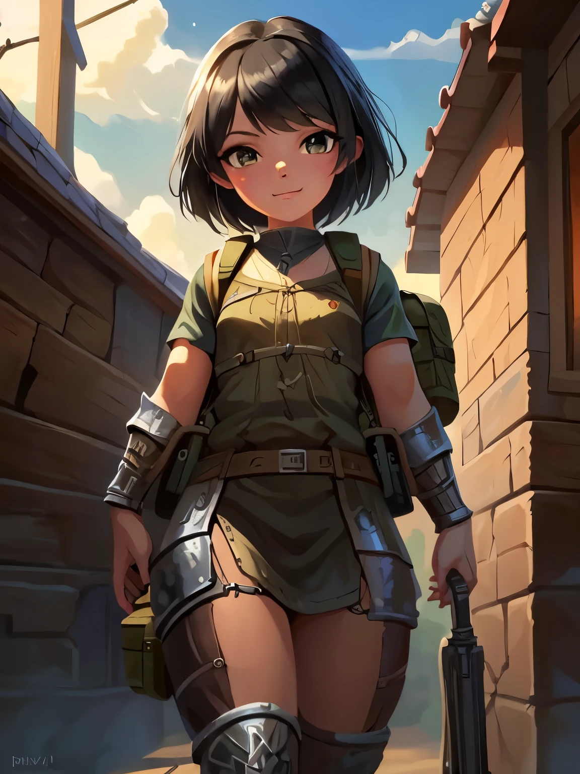 (girl:1.2), (small breasts), (black hair:1.0), (solo:1.2), (brown traveller backpack:1.2), (pixiv masterpiece:1.2), (metal armor:1.2), (medieval fantasy town:1.0)