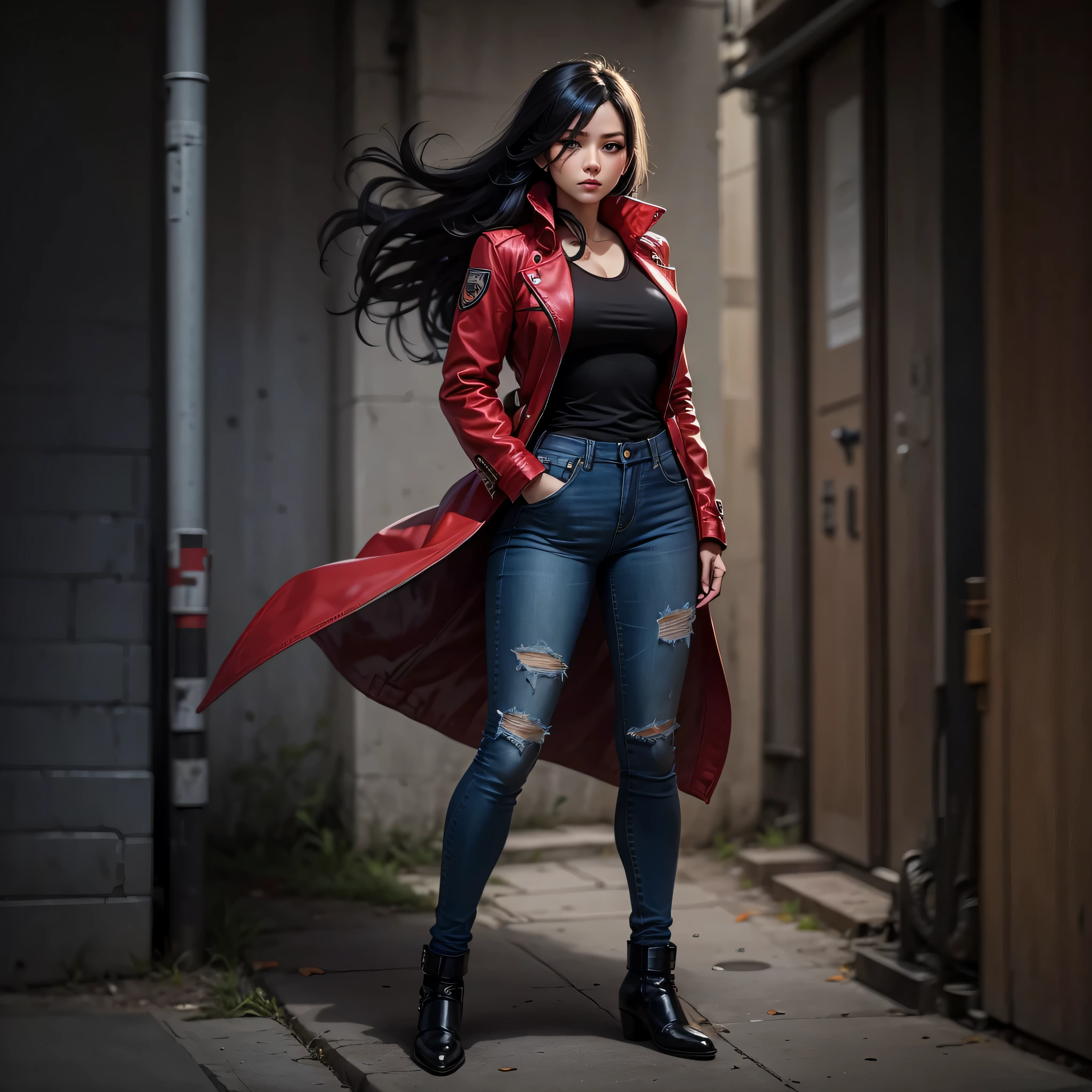 female detective, jeans, black shirt, red jacket, flowing black hair