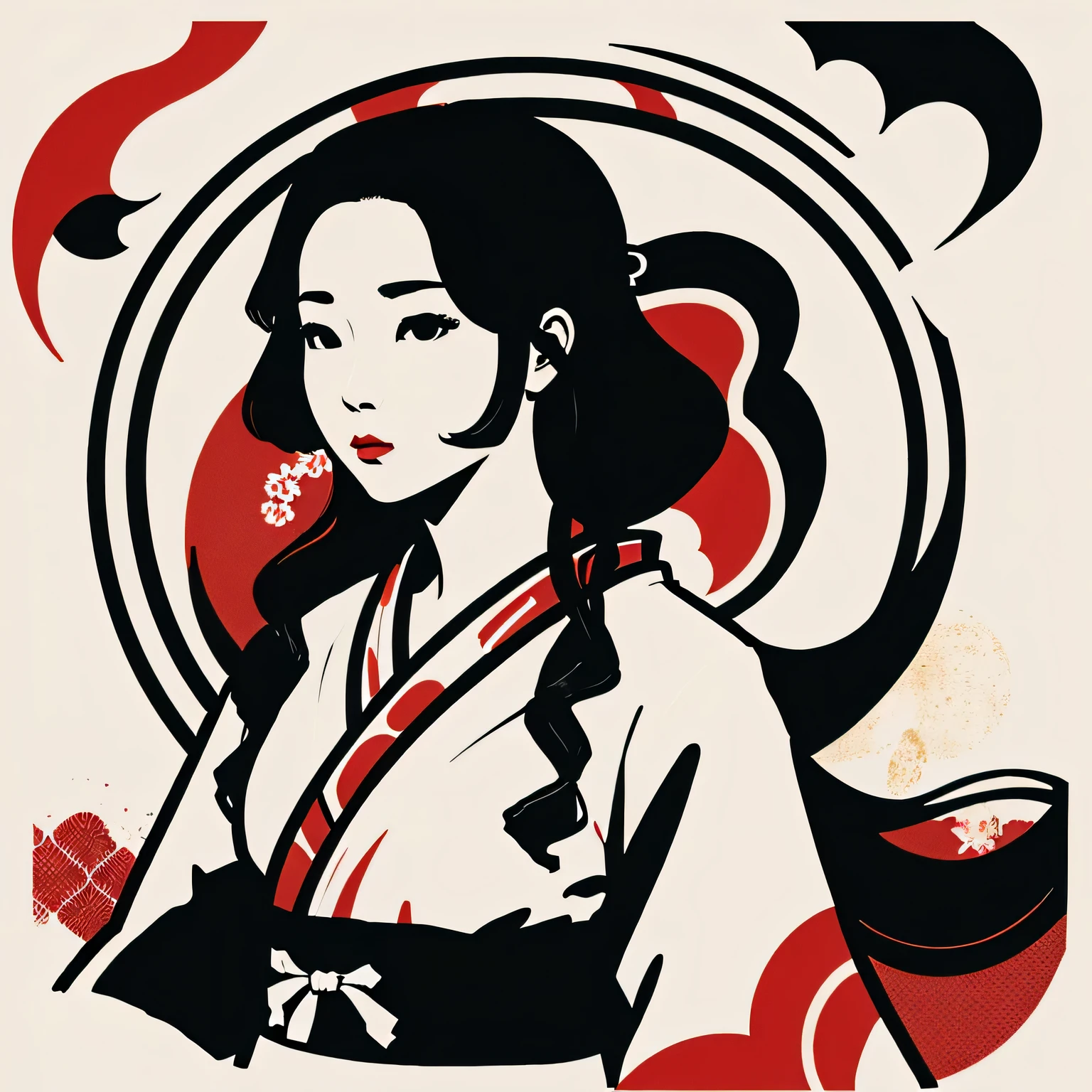 Art vintage japonais, Conception de t-shirts, art vectoriel, flat art, :1,4. femme japonaise en kimono,cheveux courts ,noir et blanc,