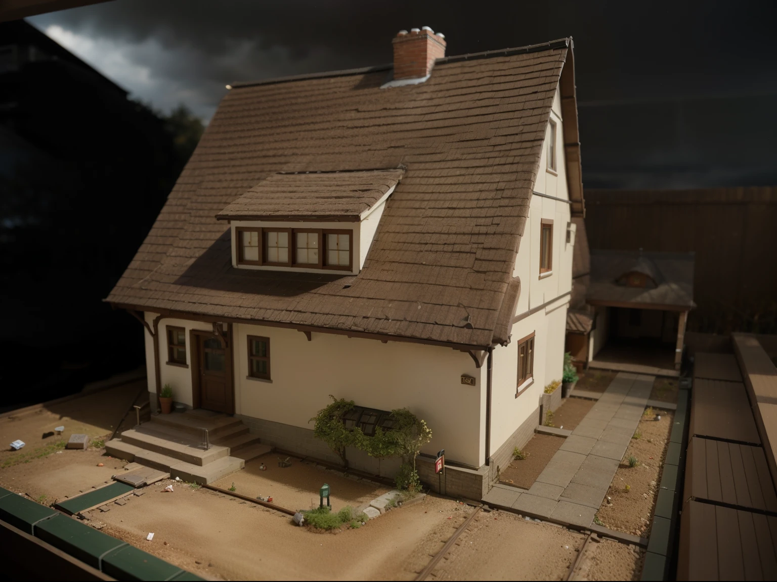 professional photo of: bautiful intricate datailled model railway H0 gauge: abandoned weathered 1958s german redroof Einfamilienhaus mit außengarage, garage left in image, trees, bushes, way to the garage, lawn around house, street in front of house, autumn, dark clouds and woods behind property, red roof tiles, sun rays onto the house and garden, backyard, big Terrasse, big window, roof windows, chimney in middle of rooftop, beautiful wrought iron fence in front of the house, Faller Modellbaugras, BR86 locomotive on tracks: there is a model of a house with a red roof, miniature model, photo of a model, model miniature, diorama model, miniature, mini model, detailed model, tabletop model, village house, by Aleksander Kobzdej, miniature porcelain model, tabletop model buildings, excellent detail, replica model, cottage, very sharp detail