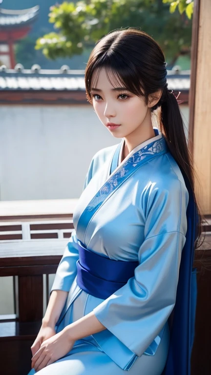 araffe woman in a very sexy less cloth blue kimono sitting on a ledge, palace ， a girl in hanfu, realistic anime 3 d style, artwork in the style of guweiz, beautiful character painting, 3 d anime realistic, trending on cgstation, anime styled 3d, wearing ancient sexy chinese clothes, chinese girl, artgerm and atey ghailan, big breasts, perfect body