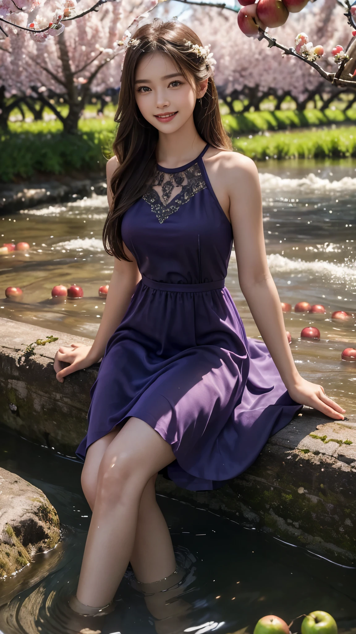 8k, masterpiece, RAW photo, best quality, photorealistic, extremely detailed CG unity 8k wallpaper, Depth of field, Cinematic Light, Lens Flare, Ray tracing, (extremely beautiful face, beautiful lips, beautiful eyes), intricate detail face, ((ultra detailed skin)) 1girl, in the dark, deep shadow, pretty Asian girl, idol, 1 girl, (very slim slender fit-muscled body:1.3), ((looking at viewer)),((big smile:1.3)), (best quality,ultra-detailed,realistic:1.37),portraits,beautiful young girl,youthful female model,riverbank and ((rocks)),Sweet girl clothes4, ((Silky Violet Purple Kukombo Floral Chiffon Dress)), ((flowers on bridesmaid lace dress)), jewelry, walking in a waterfall in apple orchards,standing posture, ((Sitting on apple Orchards)), drenched all over,masterpiece,extremely detailed description,super fine painting,detailed face,slim figure, sexy angles, ((Stylish angles)), medium legs,playing in the water,smiling,bright smile,   ((River water floting on Middle of apple orchards)),((Apple trees in river)), ((many apple trees in river)), ((Full apple's in apple trees)), ((more and more apples in trees)), ((Many apple's floting in river water)), ((apple orchards)), Many Red apples in orchards)),