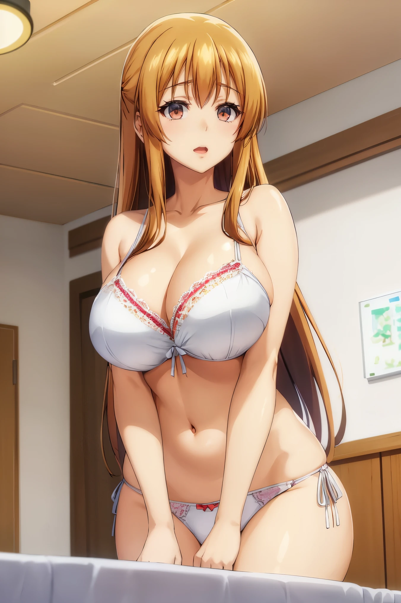 Huge, white bra, panties, Busty, best quality, (masterpiece:1.2), highly detailed, , 
1girl,  kotegawa nanaka, looking at viewer, light smile, open mouth, brown eyes, long hair, indoor, room, close up face