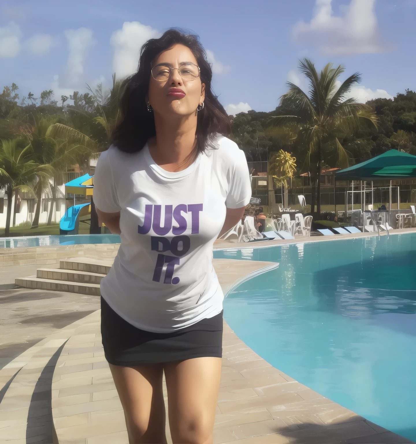 Woman standing by a pool wearing a just do it t-shirt, wearing a black miniskirt, 40 year old Brazilian woman, 35 year old Brazilian woman, looks like Fabiula Nascimneto, 35 year old woman, stunning woman, realistic photo, tight white t-shirt. She is 155 cm tall and around 40 years old. A woman with tanned white skin and dark hair. She is around 40 years old. She has slightly full lips and dark brown eyes. Perfect body, slim body, slim waist. tanned skin, soft lips, red lipstick, a feeling of lightness and joy, hyperrealism, very elaborate skin. Fitness woman, fit woman, woman in good physical shape, full body photo, clear photo, high quality, high resolution, masterpiece, 8K.