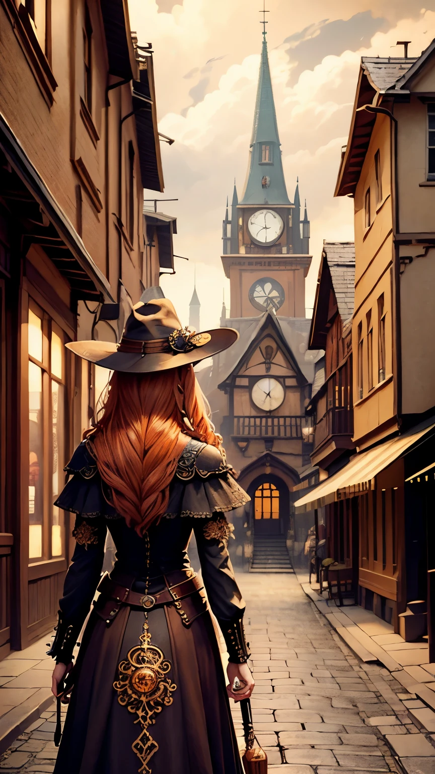 steampunkai。highest quality。masterpiece。detailed details。one woman。very beautiful woman。steampunk witch。(Long chestnut-colored shaved hair)。(beautiful hair)。(back view)。(holding a witch&#39;s wand in one hand)。(stroll around town)。(The background is a town with a spiral staircase、Dusty Sky、White cloud)。