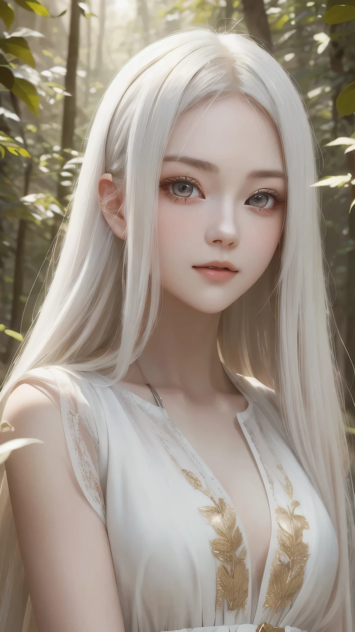 beautiful girl with long white hair, Fair skin, and red eyes, In a forest with movie-like lighting, dark and little lighting. she is wearing a white dress with golden shades, her eyes focused, looking at the viewer. Her skin is white, her face is delicate and perfect, masterpiece, top quality works of art. The image is a highly detailed 8K CG wallpaper, Cinematic tones with artistic cinematic lighting and neutral filters.