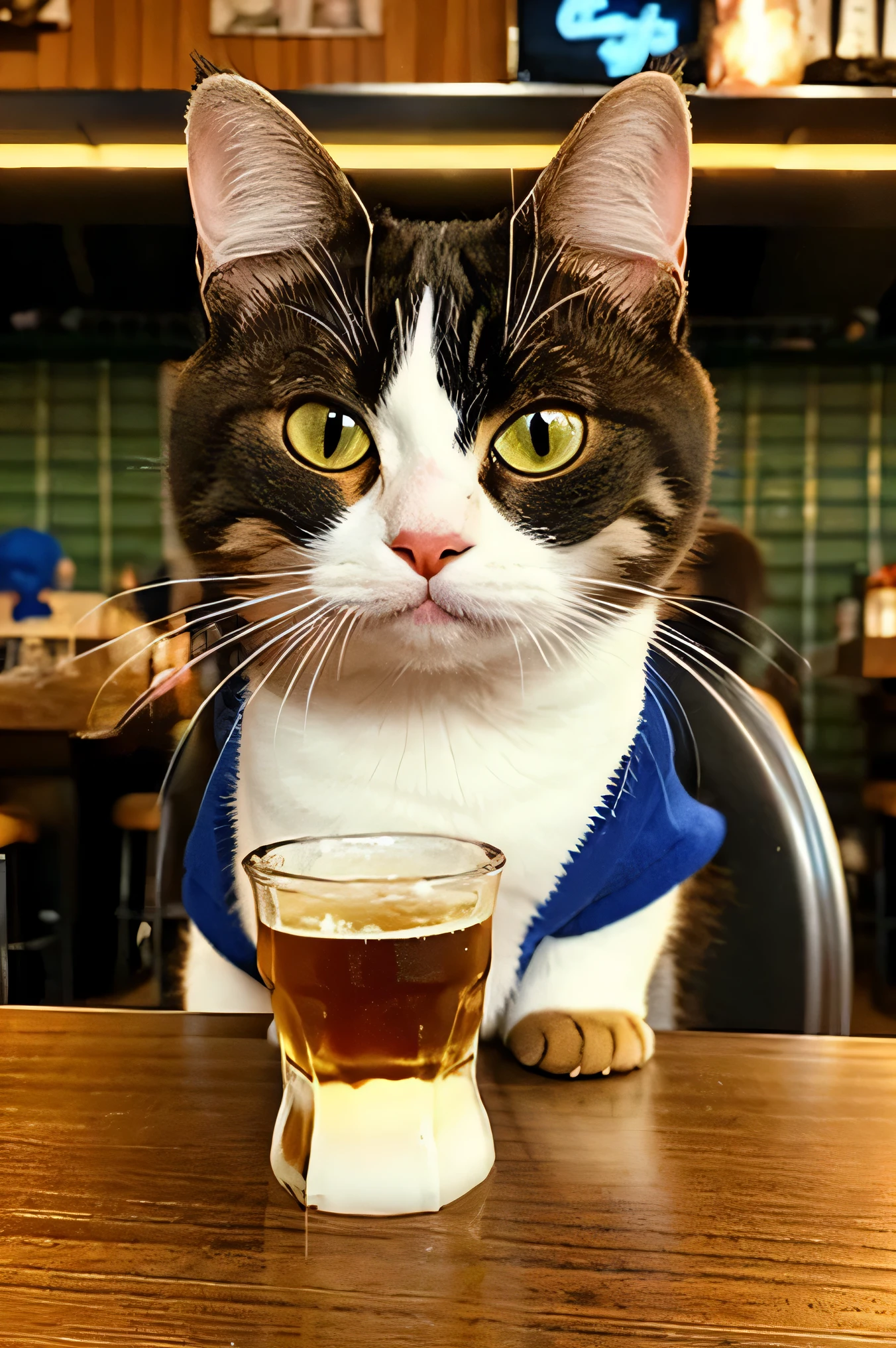 A frajola cat sitting at a table drinking beer. He is looking serenely at the screen. He is holding glass of beer. He's partying, expressing joy