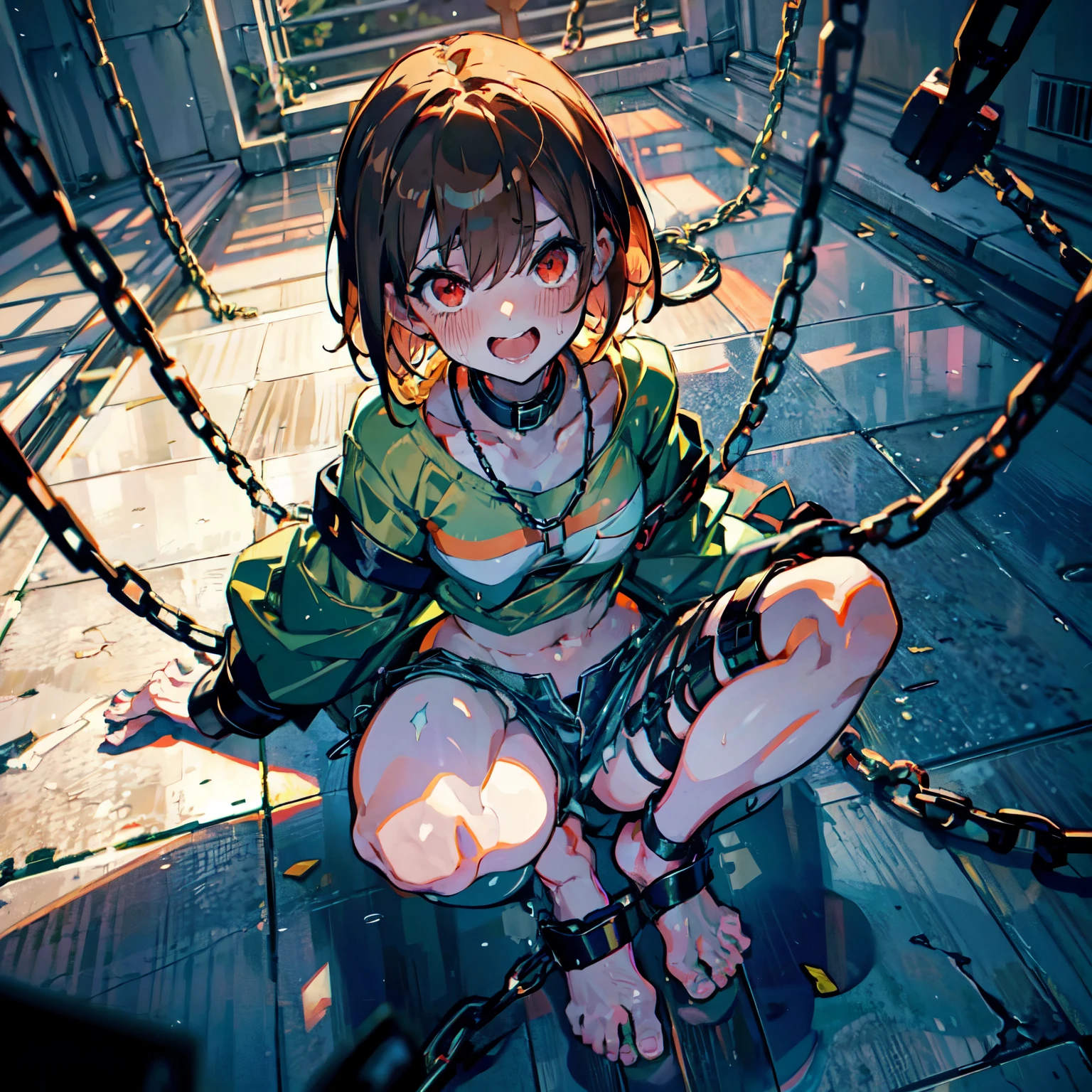 Anime，In a cage，whole body，happy smile, Sticking out  tongue，Binding band，handcuffs，Hands bound by handcuffs from above，Sweating profusely, wet clothes，Limb restraint，Large chest，Bound，Chara ，canon ，fanon ，green striped sweater ，shorts ，red eyes ，brown hair ，short hair ，barefoot， Green thong ，blush ，locket ，scoop neck，Leg rings, ankle shackles, chains，collared ，saliva，squatting，spread legs apartwhite jacket，Collar，Opening on the clothes，show back muscles，Showcasing abdominal ，Sexy muscles，Muscles, abdominal muscles，toes，Floor tiles，Iron chains