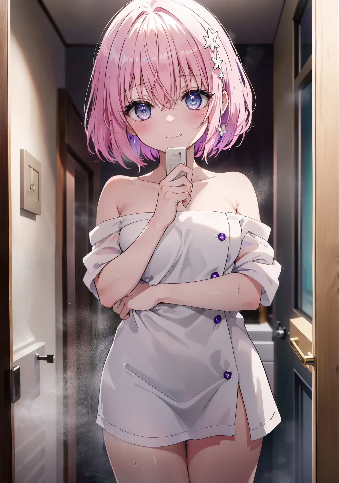 Momodeviluke, Deviluke type, demon tail, hair flower, hair ornaments, (purple eyes:1.1), naked towel,pink hair, short hair, tail, smile,blush,happy smile, smile,Are standing,
break demon tail, Completely naked,おbathから出たばかりの,blush,smile, open your mouth,damp hair,cover your naked body with a bath towel,
break indoors, bath　Entrance,
break looking at viewer, (cowboy shot:1.5),
break (masterpiece:1.2), highest quality, High resolution, unity 8k wallpaper, (figure:0.8), (beautiful detailed eyes:1.6), extremely detailed face, perfect lighting, extremely detailed CG, (perfect hands, perfect anatomy),