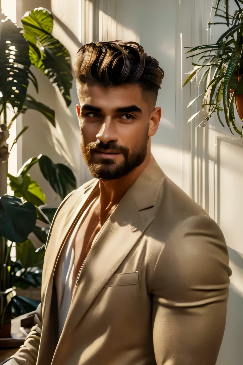 (best quality,4k,8k,highres,masterpiece:1.2),ultra-detailed,(realistic,photorealistic,photo-realistic:1.37),Italian young man, influencer post, shirtless, home, portraits, vivid colors, warm tones, soft lighting, stylish background, modern furniture, contemporary art, fashionable haircut, well-groomed beard, attractive face, captivating eyes, charming smile, confident expression, relaxed pose, unique decor, natural sunlight, indoor plants, high-end camera, professional photography, trending fashion accessories, clean and minimalistic setting, artistic composition, attention to detail, fashionable attire, seed: 3442678700