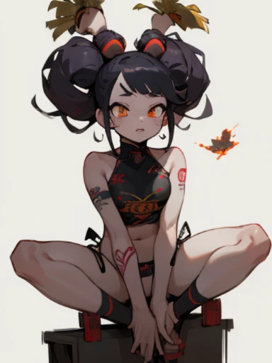 (masterpiece: 1.2, highest quality),Cheerleader sitting on a flying bullet casing,Tribal tattoos all over the body、cartoon style, rough sketch, Horror elements,((wearing cute panties))、Unusual and big hairstyle、Distinctive hairstyle、
Hell background in flames、、