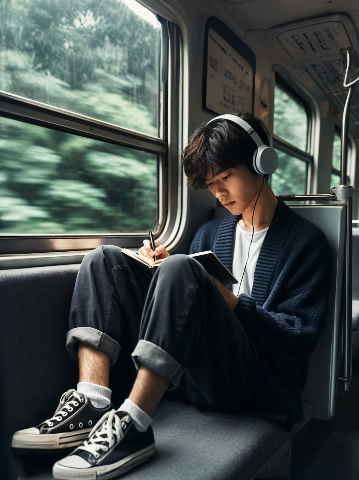 arafed man sitting on a bus reading a book, listening to music, with headphones, wearing headphones, vibing to music, he has headphones, lofi aesthetic, listening to godly music, sat down in train aile, lofi artstyle, music being played, headphones on, mixed art, wearing black headphones, lofi, studious, with head phones