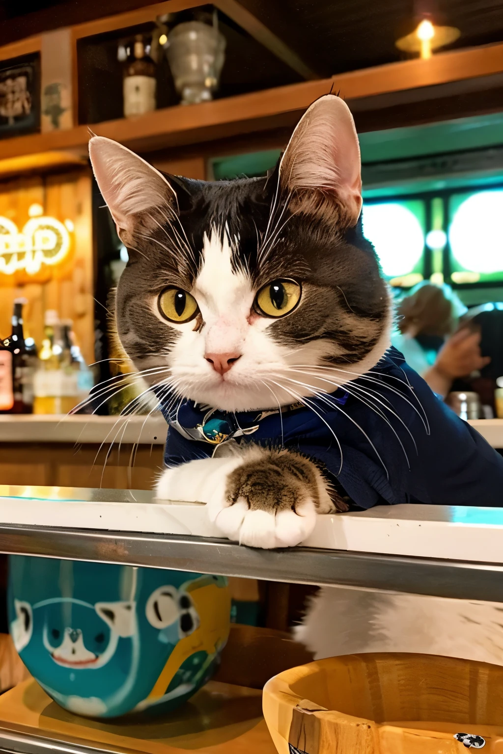 anthropomorphic cat、drinking beer、Sitting at the bar counter、round and cute face、anime style