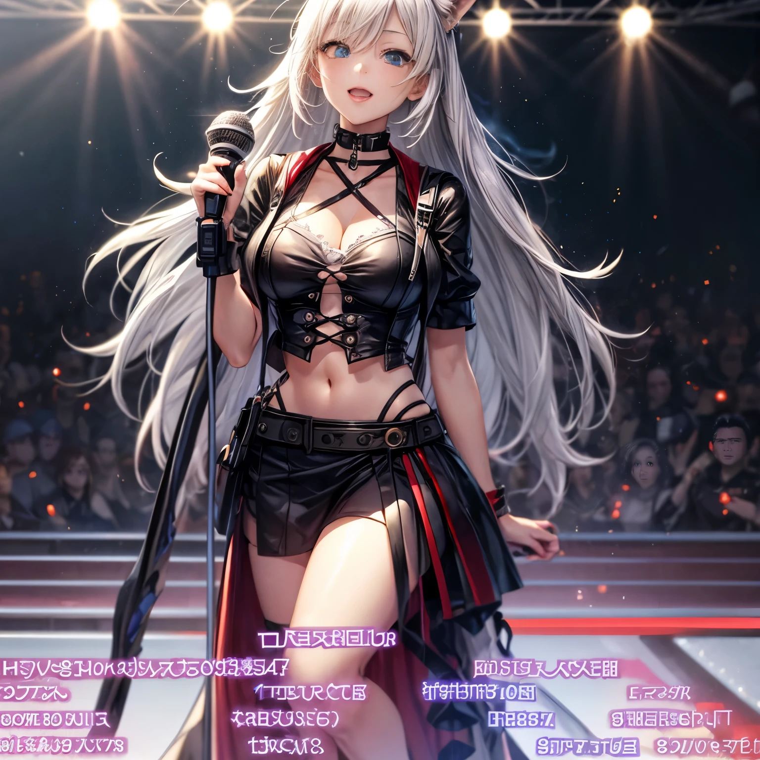 anime girl in a black outfit with a microphone and microphone, virtual model of youtuber live2d, Anime VTuber Full Body Model, Tifa Lockhart with white hair, Girls at the forefront of the universe, from girls on the front line, The perfect white-haired girl, from the video game Azur Lane, my dressy anime, Expensive, girls at the forefront style, visual novel cg, small parts. Girls are foxes and on the front line, Fox ears, 2 hands, sexy, gasped, ahegao, full length, full body, Full body