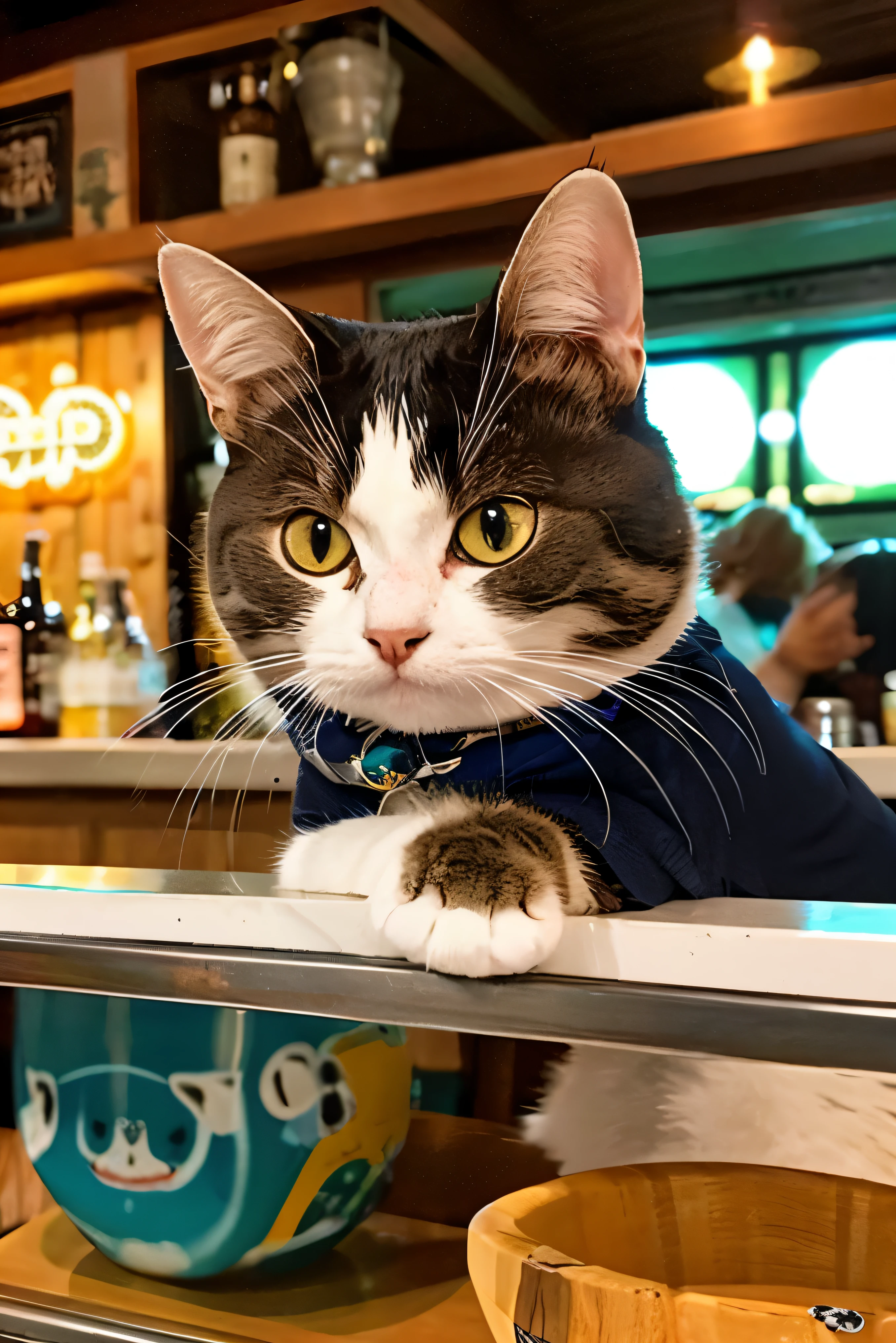 anthropomorphic cat、drinking beer、Sitting at the bar counter、round and cute face、anime style