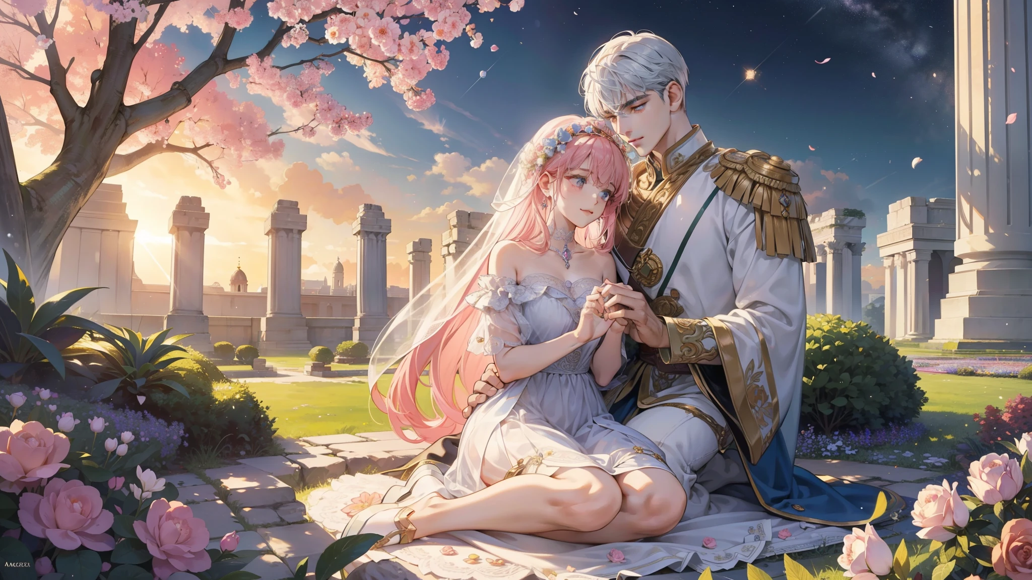 In the heart of an ancient Roman garden, a huge statue of Emperor Constantine I stands as a testament to the past. Nestled in his arms, a girl from the Land of the Rising Sun snuggles up, her bright eyes shining with love and contentment. This is a happy couple, their love transcending the boundaries of faith and religion.
Their relationship is like a galaxy, radiating with the light of deep emotions. It lives within the crystal-clear quartz, a microcosm of timeless joy. The garden floor is adorned with marble, shimmering in the sunlight, and colored ores - diamond, morganite, kunzite, rose quartz